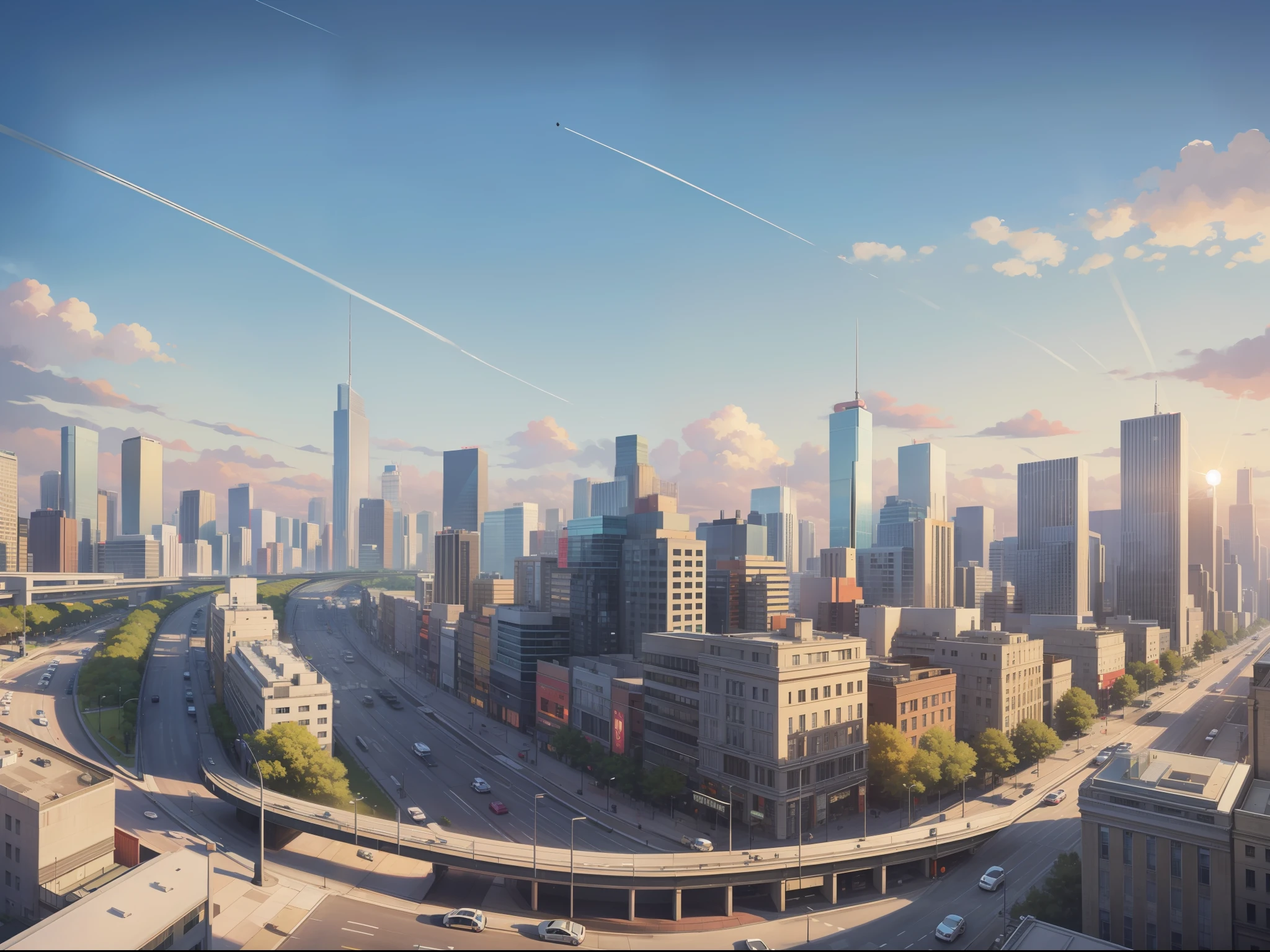 super city, modern city, modern, road, car, people coming, street, road, street lamp, bustling, overlook, overlook, 8K, super detail, high quality, hd, wide angle, sun, cloudy