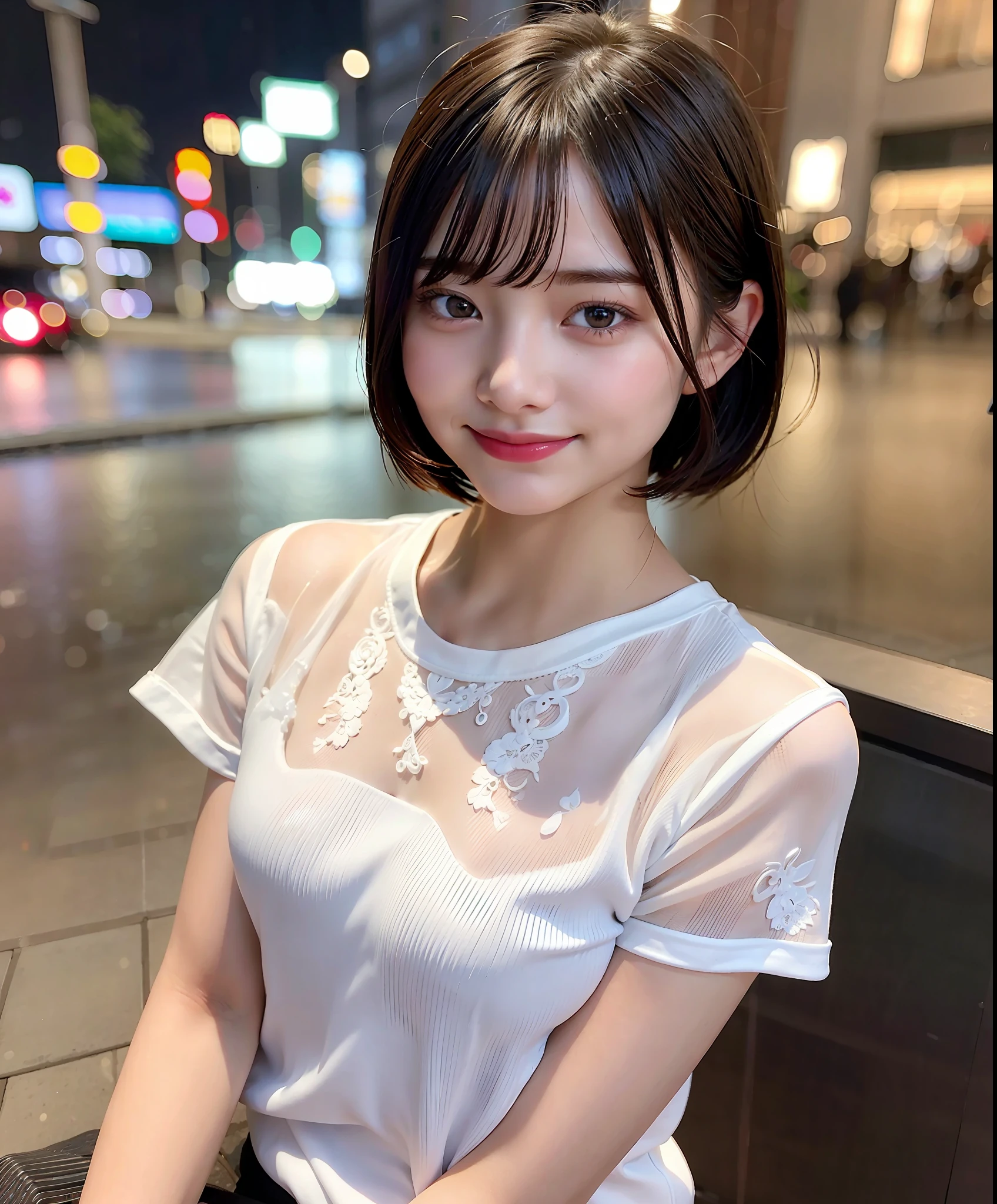 (8k, best quality, masterpiece:1.2), (realistic, photo-realistic:1.37) highres, ultra-detailed, 1 girl asian, cute, cute face, solo, short hair 1.2, textured skin, textured eyes, beautiful smile, beautiful detailed sky, detailed cafe, night, cinematic lighting, depth of field, lens flare light, sitting, dating, (nose blush), (smile:1.15), (smiling) small breasts, beautiful detailed eyes, (T-shirt:1.1), night, wet, business attire, rain, white lace, (short hair:1.2), floating hair NovaFrogStyle,