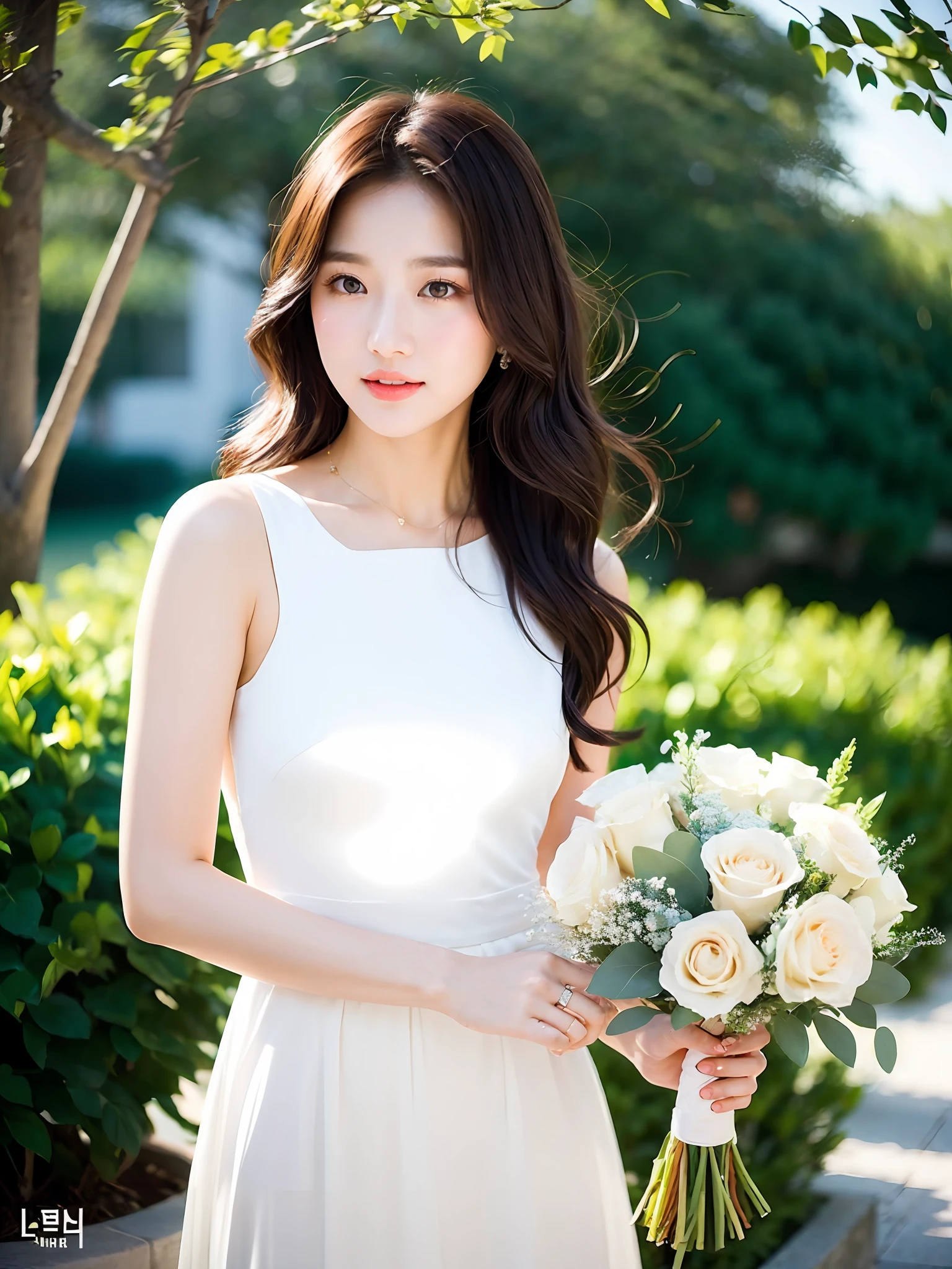 (Best Light: 1.2, Cute Korean Girl: 1.2, [White Dress: 1.3], Bouquet, Graceful: 1.1, Bright and Attractive: 1.1, [Ultra-detailed: 1.2+Dynamic Pose+Delicate: 1.2],)