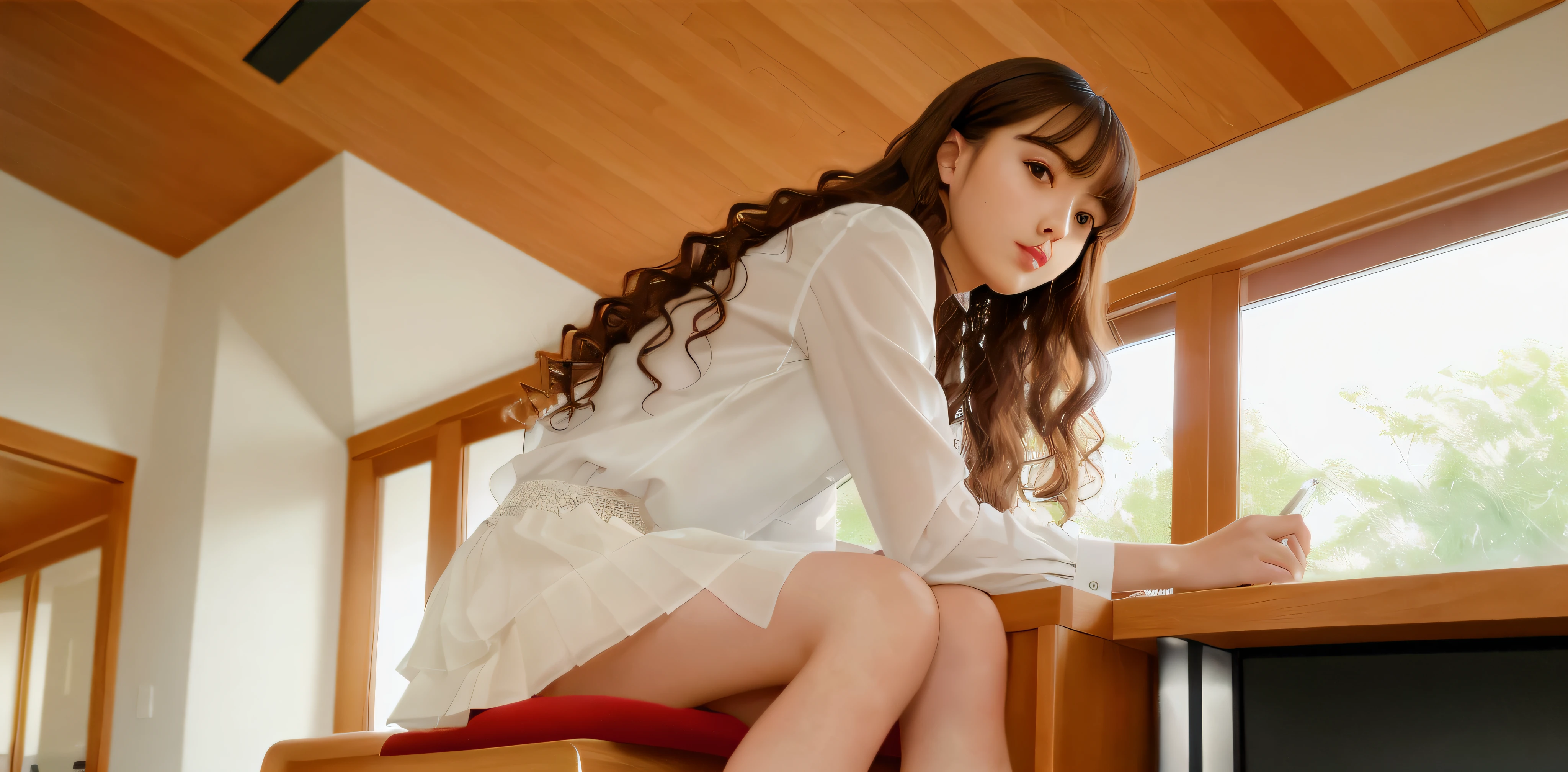 (8K, RAW Photo, Best Quality, Masterpiece: 1.2), (Realistic, Photorealistic: 1.37), Best Quality, Ultra High Resolution, Photon Mapping, Radiosity, Physically Based Rendering, Blur, Foreground, Depth of Field, Blurred Background, Photo_\(Medium), Motion Blur, Girl, (Full Body), Back View, Classic Wooden Chair, Perched, Long Legs, slender legs, long hair arrangements,((perm,curls)), bangs, (bangs visible), hair_ornament, lips, hair clips, solo, brown_eyes, nosesoft, sheer white blouse, miniskirt, stockings, lower,