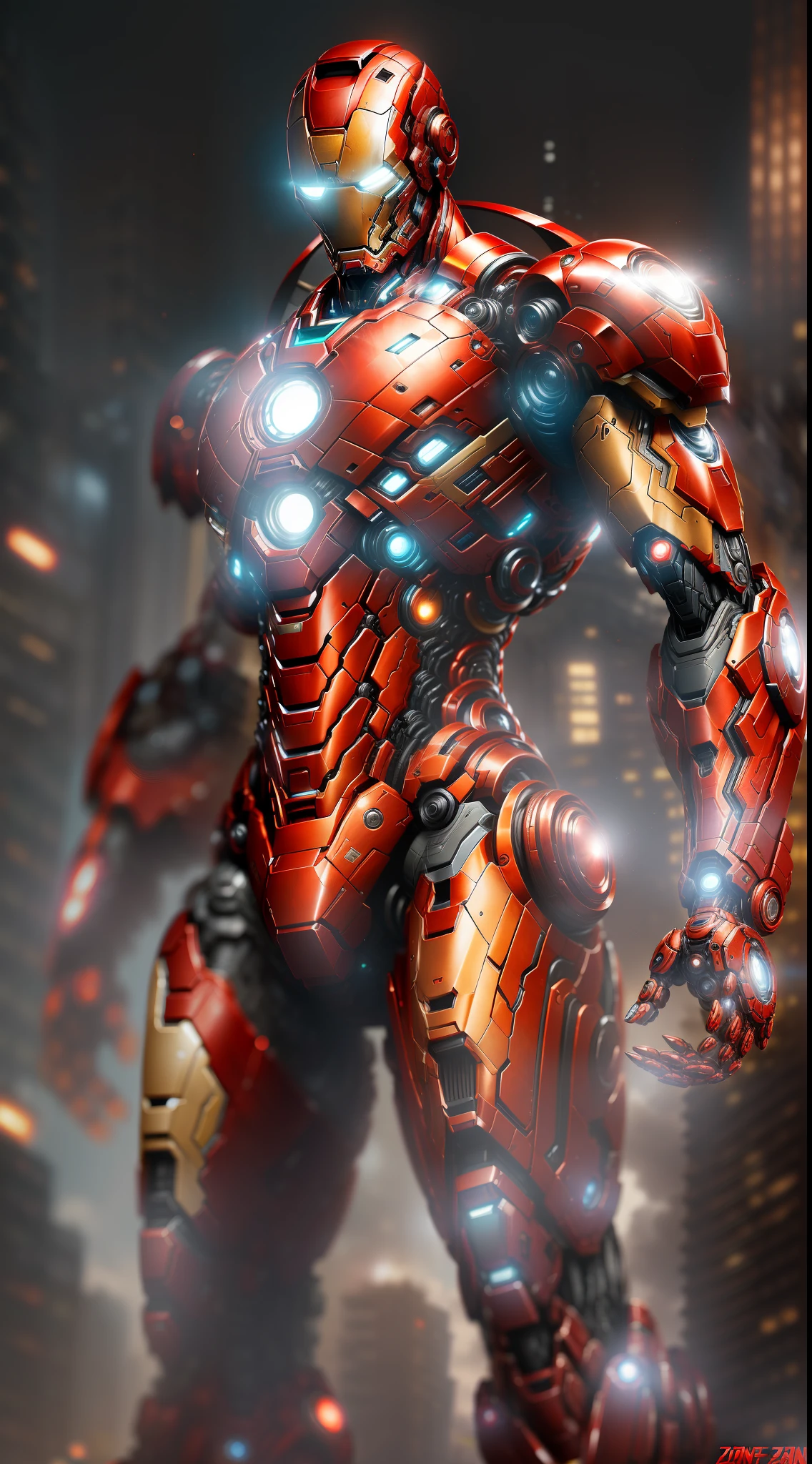 Ultimate Iron Man from Marvel photography, biomechanical, complex robot, full growth, hyper-realistic, insane small details, extremely clean lines, cyberpunk aesthetic, masterpiece featured on Zbrush Central