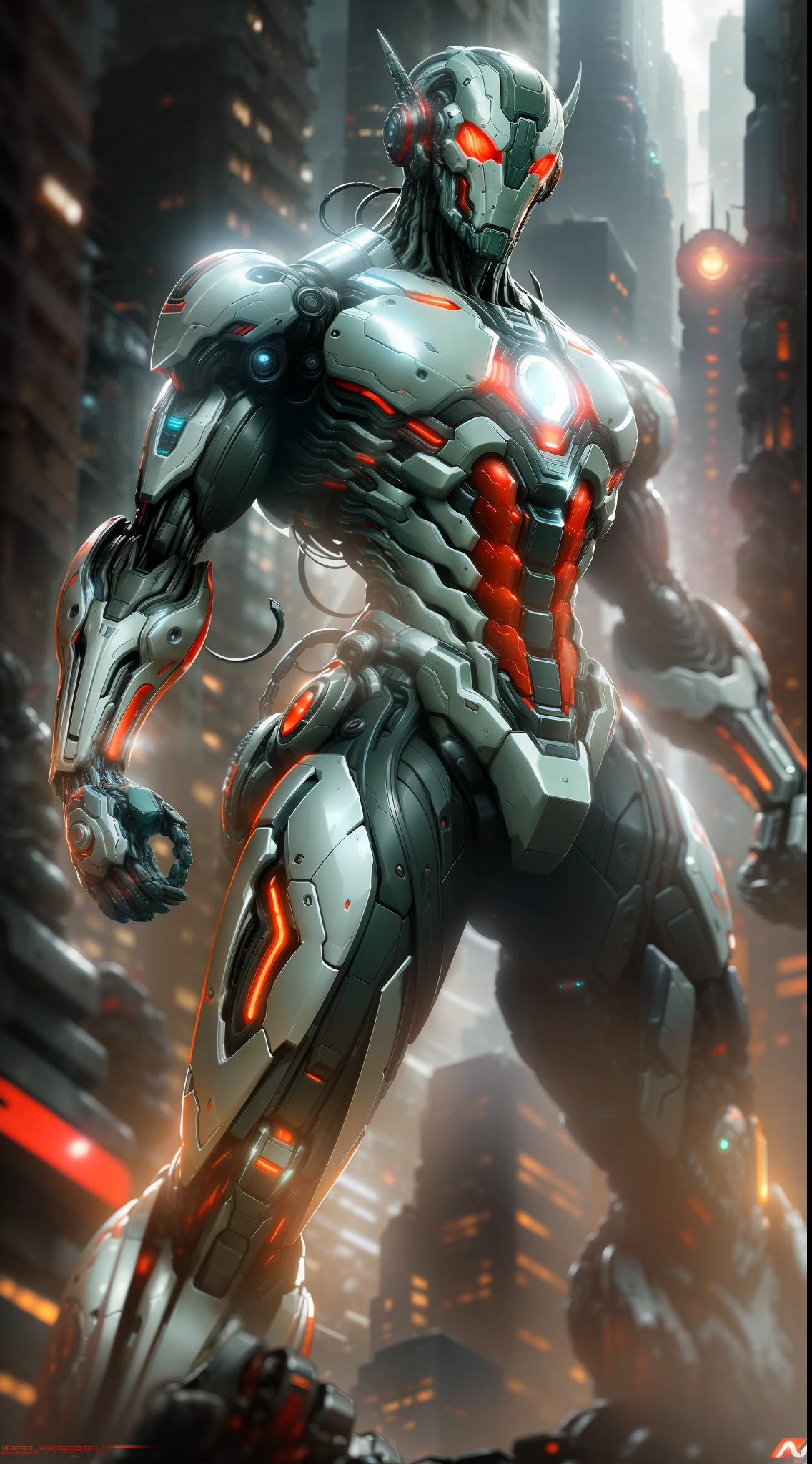 Ultron 2099 from Marvel photography, biomechanical, complex robot, full growth, hyper-realistic, insane small details, extremely clean lines, cyberpunk aesthetic, a masterpiece featured at Zbrush Central