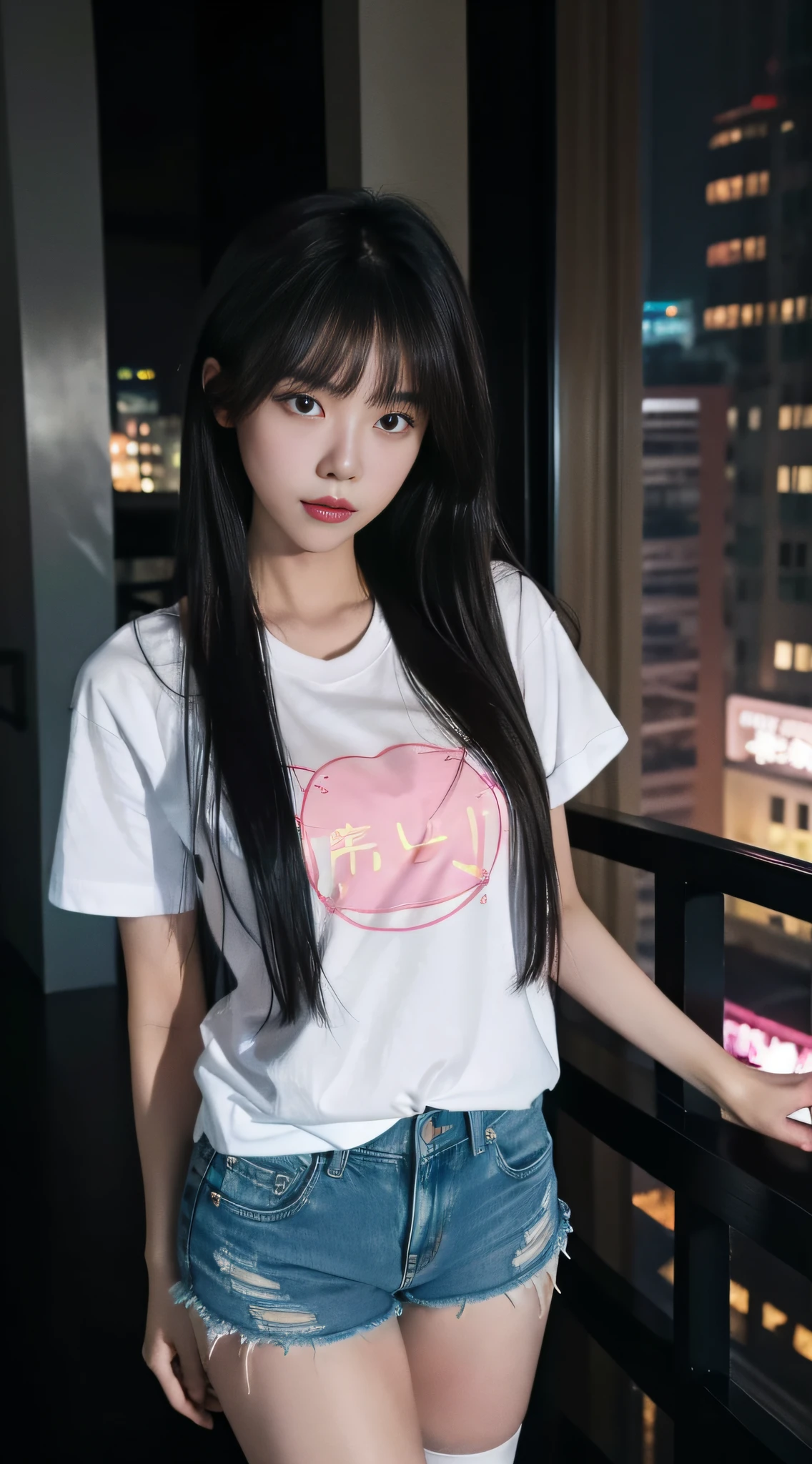 A Chinese woman at night on the rooftop of a tall building, fluffy hair, delicate face, bright, real girl, large aperture, slim, wearing denim shorts, black stockings, loose T-shirt, letter T-shirt, cartoon T-shirt, close shot, 180 cm height