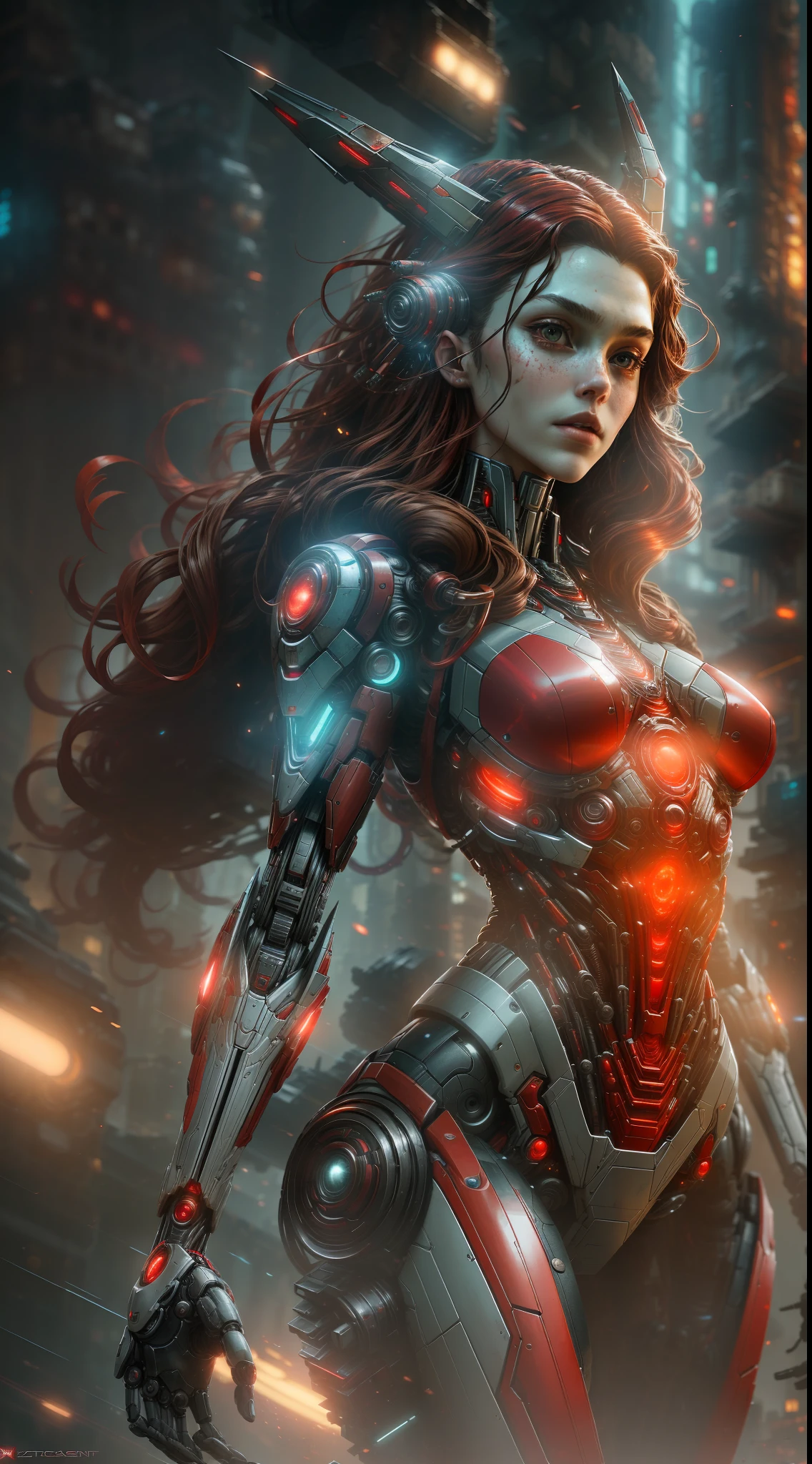 Scarlet Witch from Marvel photography, biomechanical, complex robot, full growth, hyper-realistic, insane small details, extremely clean lines, cyberpunk aesthetic, a masterpiece presented at Zbrush Central