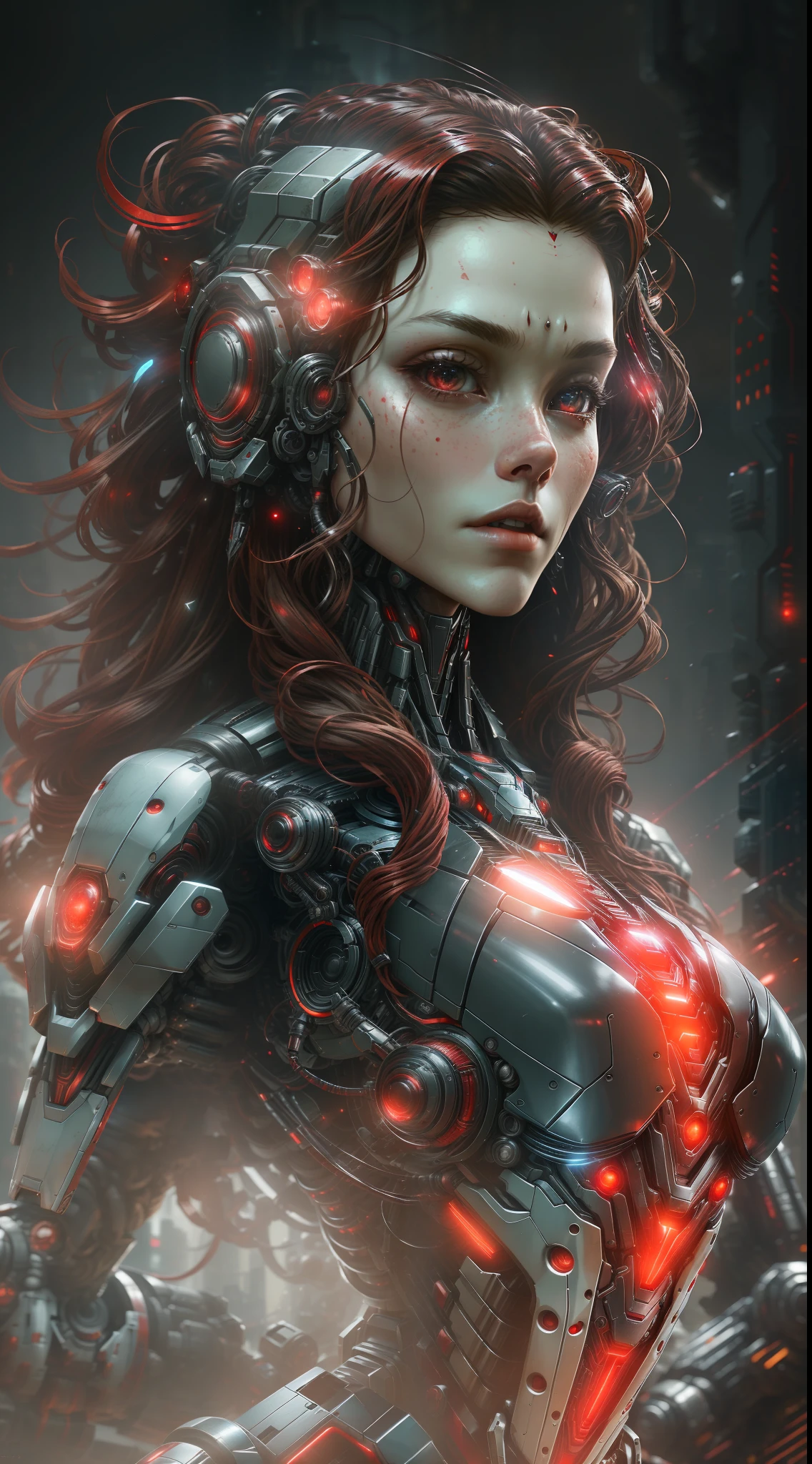 Scarlet Witch from Marvel photography, biomechanical, complex robot, full growth, hyper-realistic, insane small details, extremely clean lines, cyberpunk aesthetic, a masterpiece presented at Zbrush Central