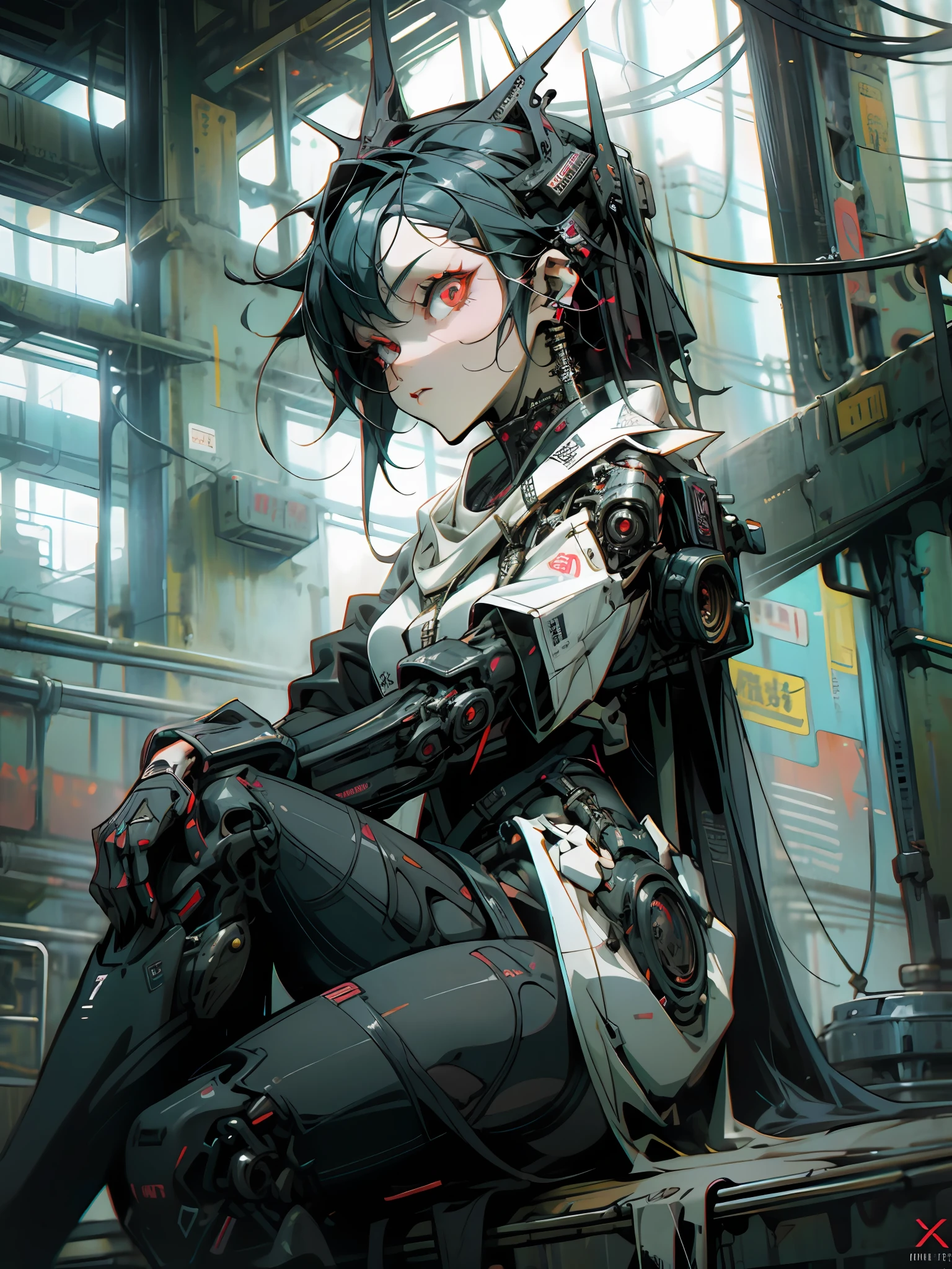 masterpiece, highly detailed, high quality, goth punk girl, red eyes, dynamic angle, sitting , pop, cyberpunk, sci-fi, illustration, cinematic lighting,