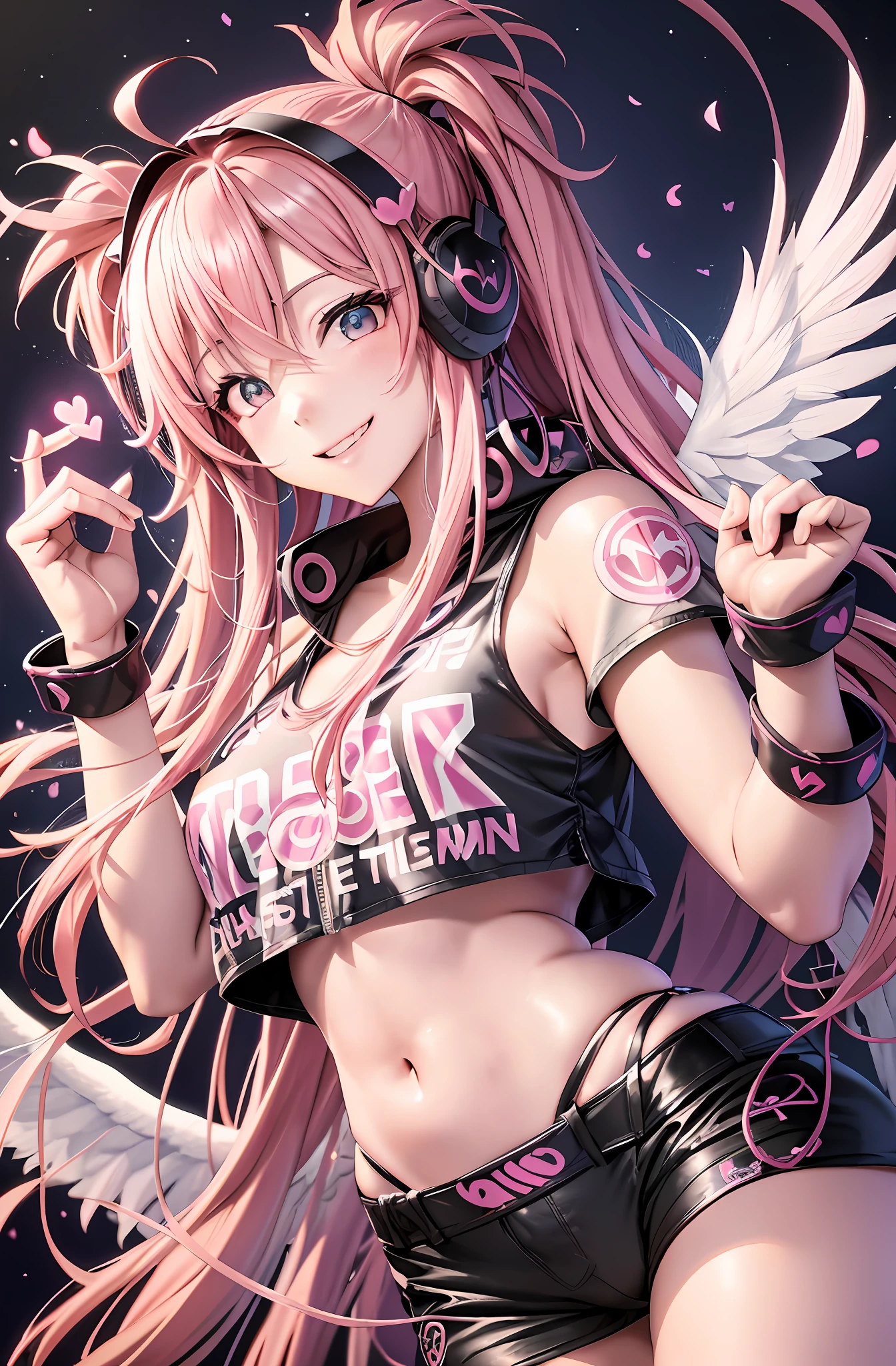 Pink hair. Long hair. Pigtails. Long pants that are cut off. Parka. Earring. Angel wings. Heart-shaped vacant chest. Heart logo. A big smile. Game Center. Headphone. White wings. Navel. Futomo. Navel out.