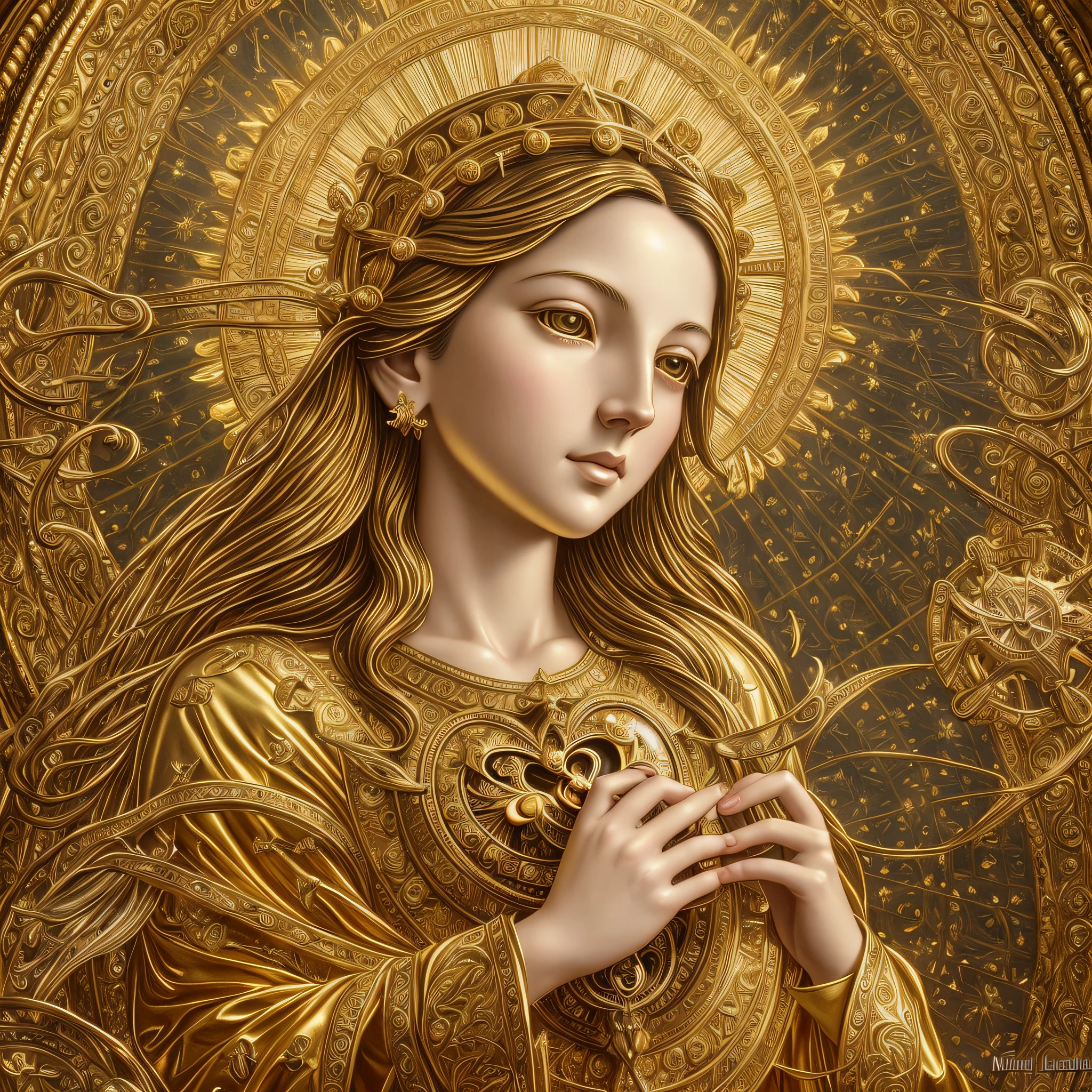 highly detailed portrait of Mary's sacred heart, halo of light, gold, unreal engine, art by mark ryden, lost fish, count norem, global lighting, divine rays, detailed and intricate environment, ancient ring style --auto --s2