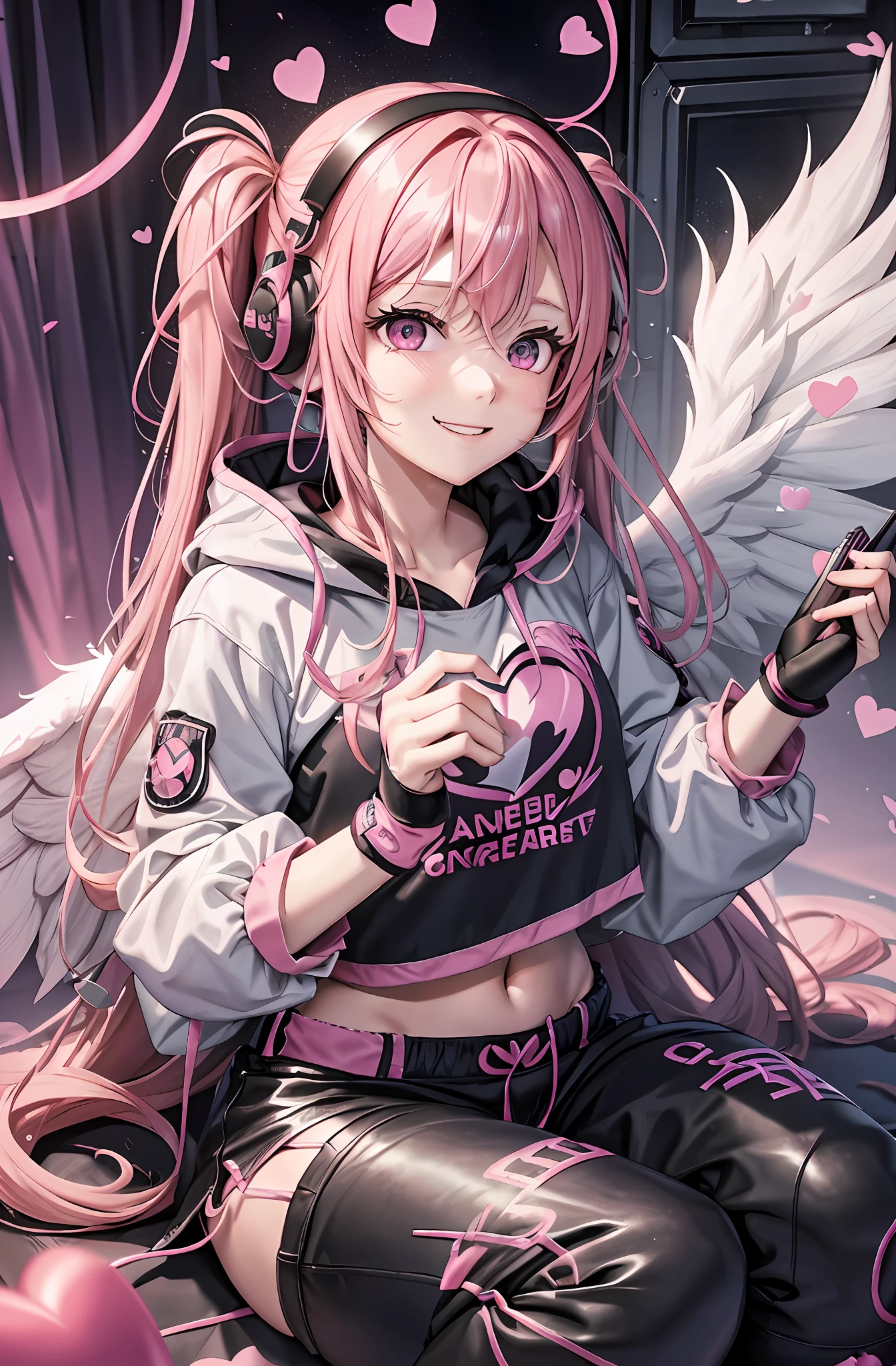 Pink hair. Pigtails. Long hair. Long pants that are cut off. Parka. Earring. Angel wings. Heart-shaped vacant chest. Heart logo. A big smile. Game Center. Headphone. White wings. Sit in. Navel. Futomo. Navel out. Put on a hood.