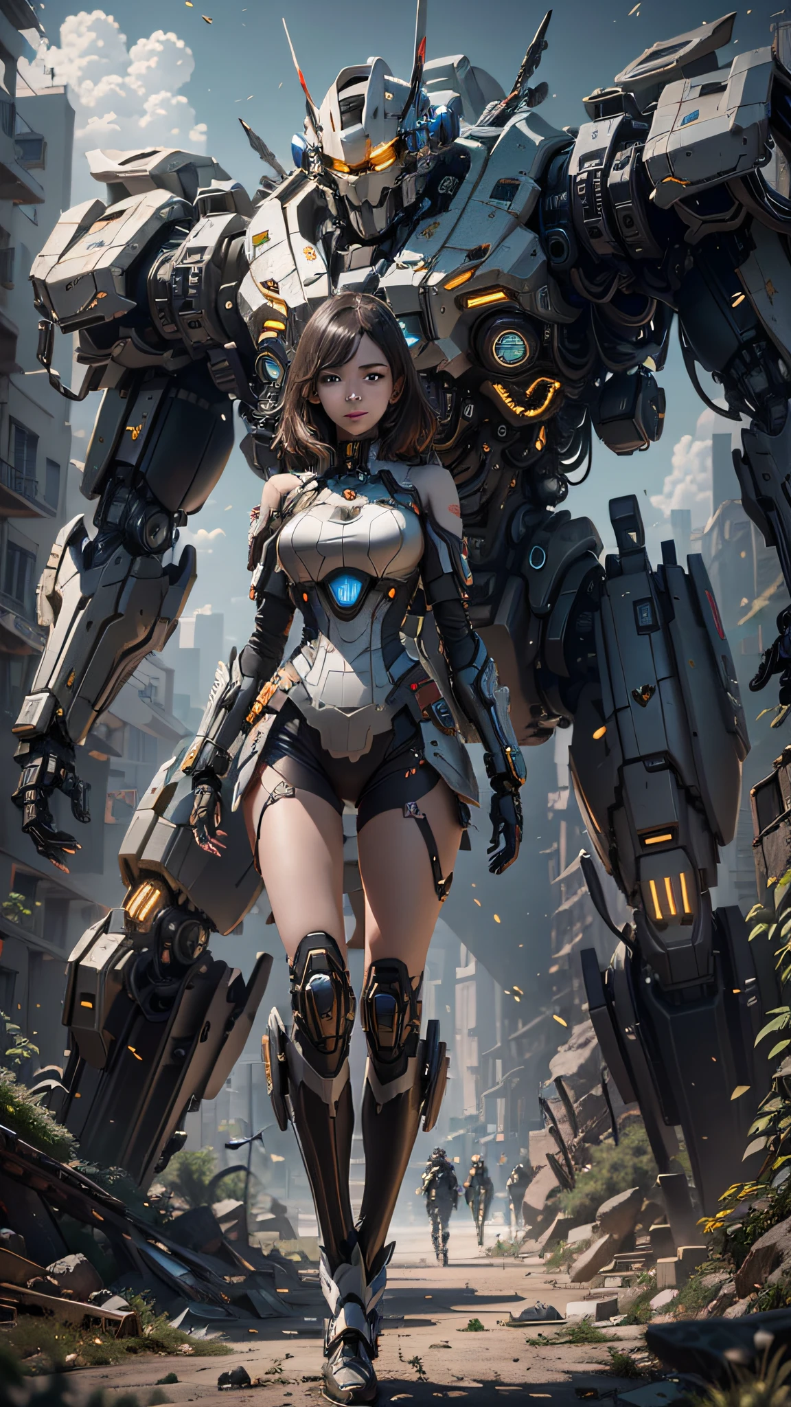 ((Best quality)), ((masterpiece)), (highly detailed:1.3), 3D,Shitu-mecha, beautiful cyberpunk women with her mecha in the ruins of city from a forgoten war, ancient technology,HDR (High Dynamic Range),Ray Tracing,NVIDIA RTX,Super-Resolution,Unreal 5,Subsurface scattering,PBR Texturing,Post-processing,Anisotropic Filtering,Depth-of-field,Maximum clarity and sharpness,Multi-layered textures,Albedo and Specular maps,Surface shading,Accurate simulation of light-material interaction,Perfect proportions,Octane Render,Two-tone lighting,Low ISO,White balance,Rule of thirds,Wide aperature,8K RAW,Efficient Sub-Pixel,sub-pixel convolution,luminescent particles,light scattering,Tyndall effect