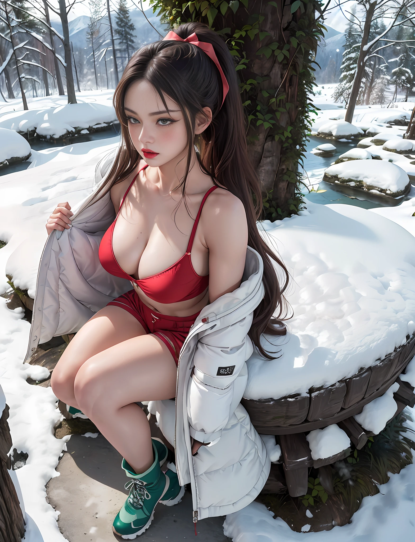 (very detailed RAW color photo), (1 girl), (alone), (18 years), (Goddess body), ((athletic)), ((very defined toned physique)), ((muscular body)), (very detailed perfect body), (small and defined breasts), (very sharp curves), (superior quality, 8k, masterpiece: 1.3), sharp focus: 1.2, (extremely beautiful girl with perfect figure: 1.4), ((very thin waist: 1.2)), ultra detailed skin texture, (smooth and soft skin), (ultra detailed fabric texture), ((girl wearing a snow jacket and shorts with hiking boots)), (extra long curly brown hair), (extra long ponytail with bangs), (very detailed and beautiful tiger ears), (hair on the face), (hair ribbon), dynamic pose, ((uniform leaves thighs exposed)), ((ultra detailed and toned legs)), (ultra detailed waist), (very wide hips), (very thick and muscular thighs), (sexy), (extreme hourglass figure), (very thick heart lips), (red lipstick), (green eyes), ((angry look)), ((blush)), (makeup), (ultra defined waist), eye shadow, (full body shot), with snowy mountains in the distance, snow and trees