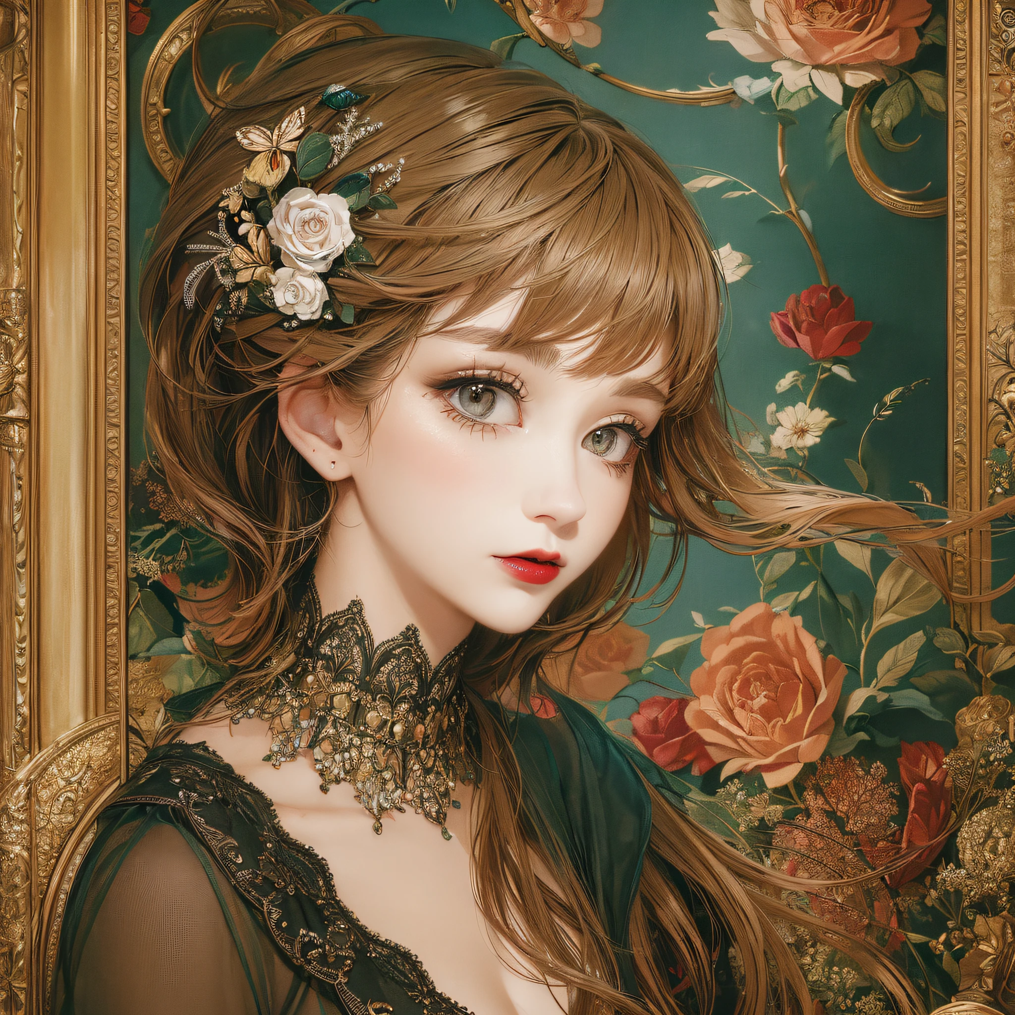 (Pure Color: 0.9), (Color: 1.1), (Masterpiece: 1,2), Best Quality, Masterpiece, High Resolution, Original, Highly Detailed Wallpaper, Beauty, Vintage, Dress, Sad, Red Lips, Small Face