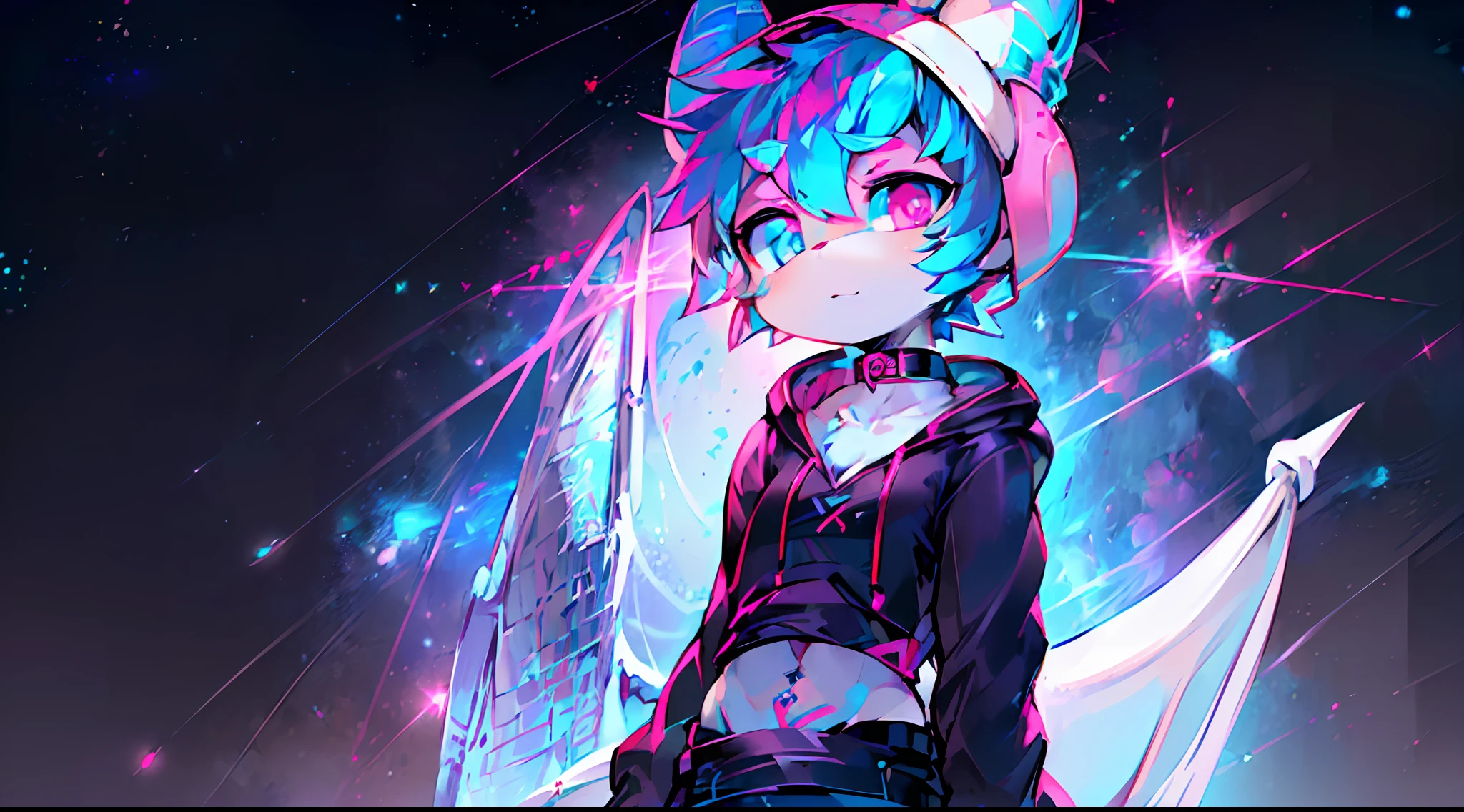 Black Fox, ((Black Body, White Body:1.5)), (((masterpiece))), collar, (Dragon Wings:1.45), (headphones:1.4), (Hoodie crop:1.82), short hair, black hair, male, bisexual, (puppet:1.2), (Boy:1.55), Soft, blush, (short pants:1.55), Not very skinny, (headphones:1.55), ((Thigh High Socks, Femboy Clothing, Femboy Femboy Thigh Highs:1.2)), ( a blue eyes:1.51),(a pink eyes:1.51), (heterochromia blue pink:1.52), beautiful detailed eyes, Highlight eye, (gradient_eyes:1.6), ((blue eyes, pink eyes:1.55)), beautiful art, By Snow Fox, (space background:1.53), not nude, Femboy, ((uterus tattoo ,pubic tattoo1.25)), full body