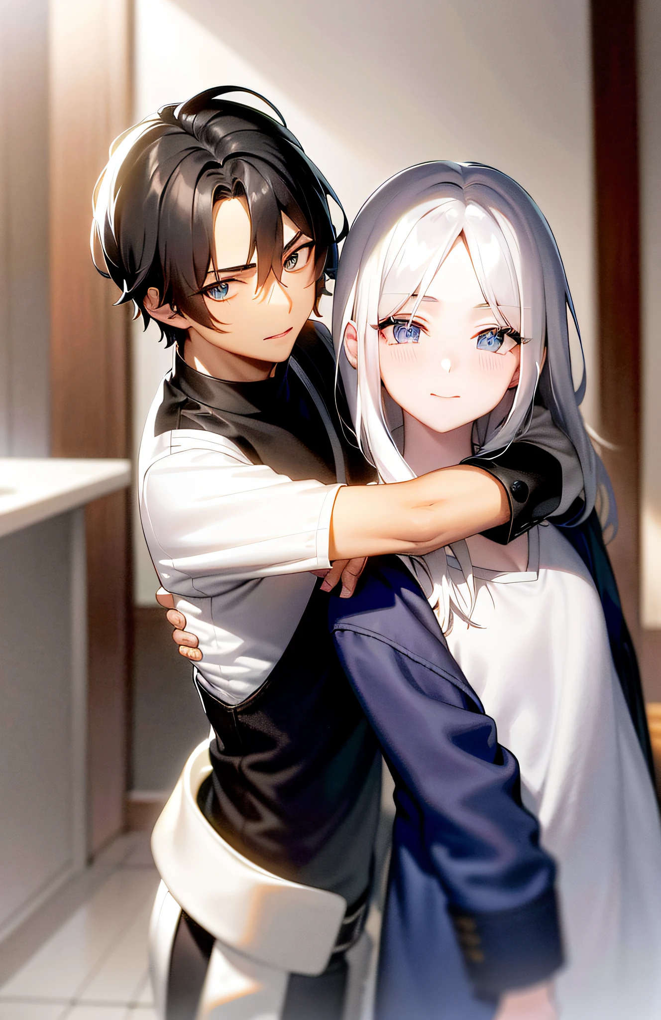 A brunette boy puts his arms around a white-haired girl, two people are smile, (two people are wearing Summer vest:1.2), (T-shirt:1.2), the girl's long white hair, exquisite and beautifully rendered CG artwork, epic blue-eyed protagonist Gojou Satoru gazes directly at the audience, styling a charming hairstyle that highlights the hair between the bangs and the eyes, highlights his unique and stylish black and short hair, in a way that attracts and engages the audience.