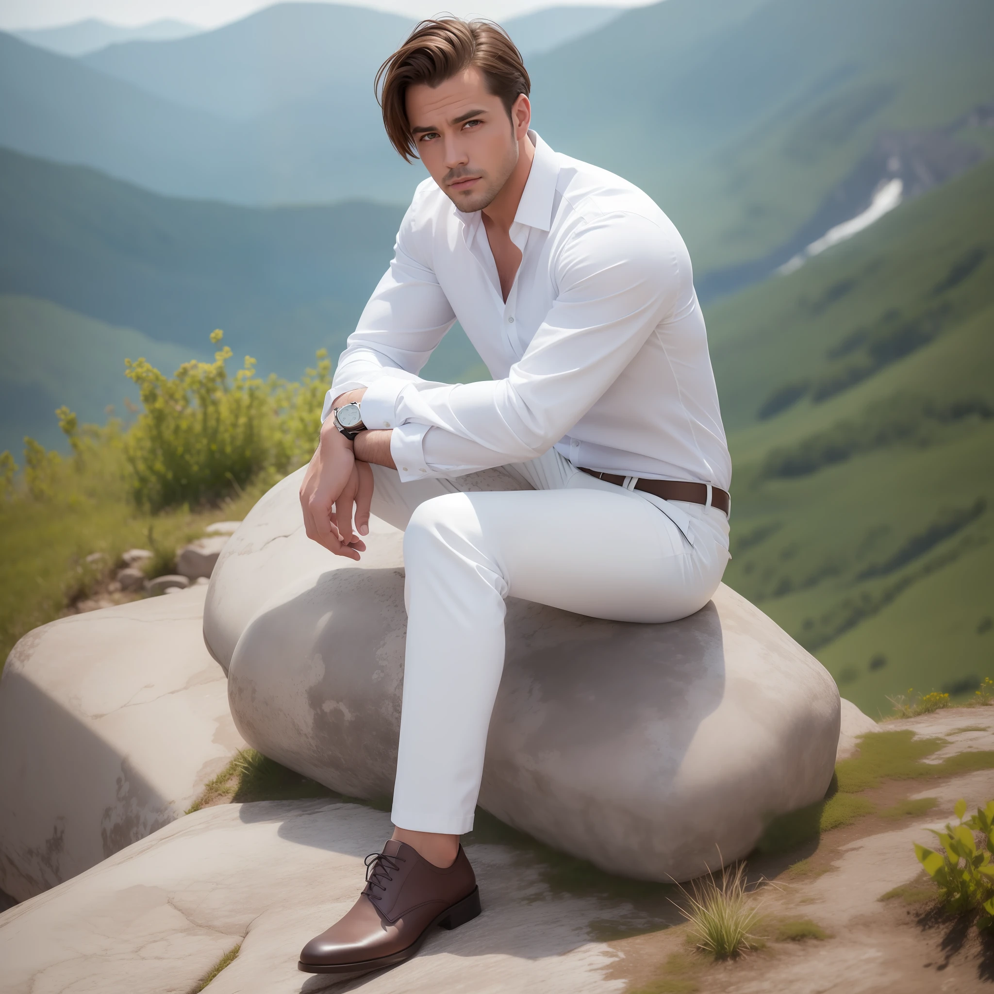 Handsome man wearing white shirt and white pants. He is sitting on a large rock on top of a mountain. From the mountain you can see a large valley. Hyper-detailed. Photorealist. 8k