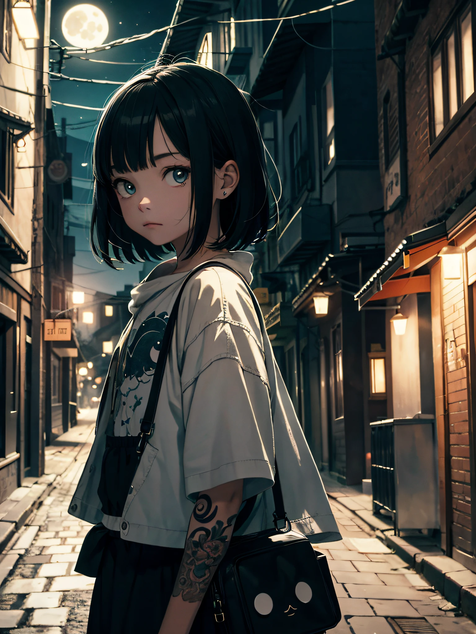Dimly lit street, moon, moonlight, little girl sad expression next to stand handsome tattooed man