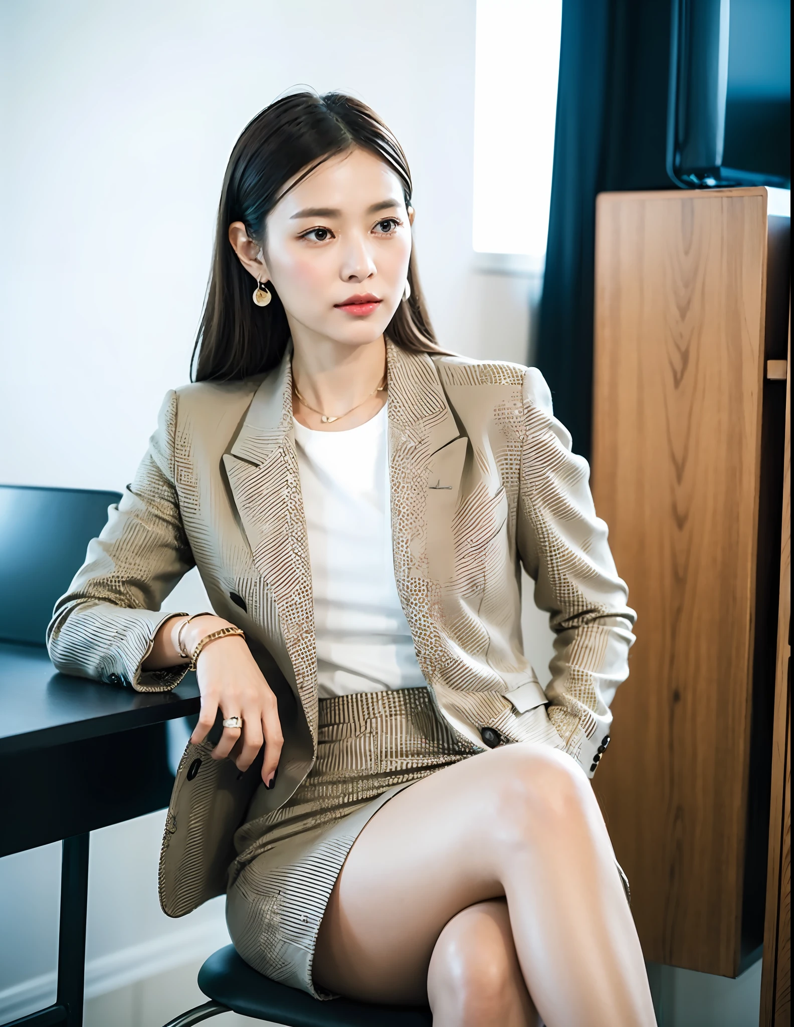 In the photo, there is an elegant and sophisticated middle-aged woman sitting at a desk. She is wearing a tailored light-colored suit jacket, showcasing unexpected gracefulness and fashion sense. Paired with a simple yet exquisite white shirt and a black pencil skirt, her overall style is sharp and professional, exuding an introverted intellectual charm. To break the routine, one can consider adding a unique bracelet or a branded pin – after all, true character lies in the details!