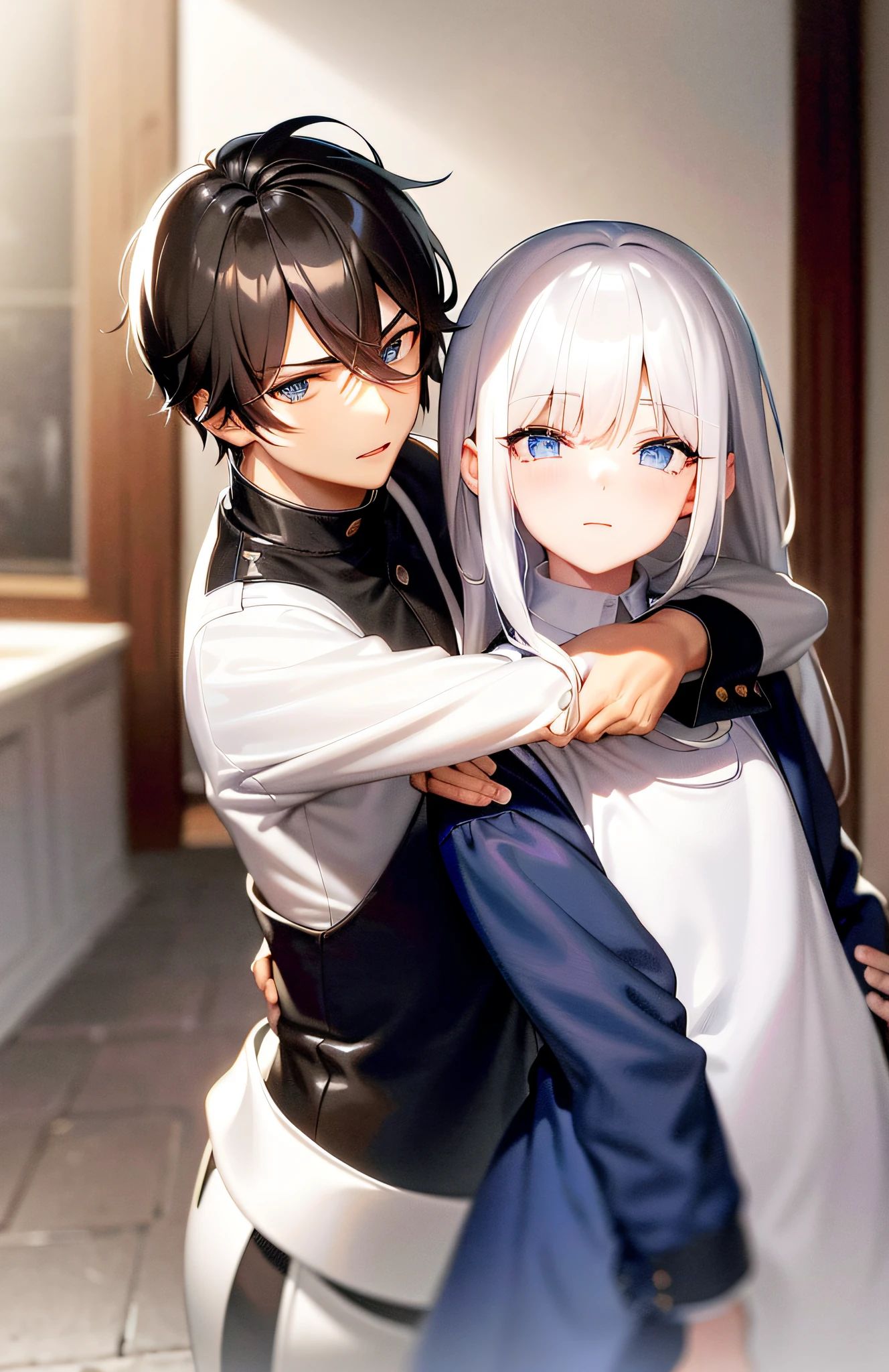 A brunette boy puts his arms around a white-haired girl, two people are shy, (two people are wearing Summer vest:1.2), the girl's long white hair, exquisite and beautifully rendered CG artwork, epic blue-eyed protagonist Gojou Satoru gazes directly at the audience, styling a charming hairstyle that highlights the hair between the bangs and the eyes, highlights his unique and stylish black and short hair, in a way that attracts and engages the audience.