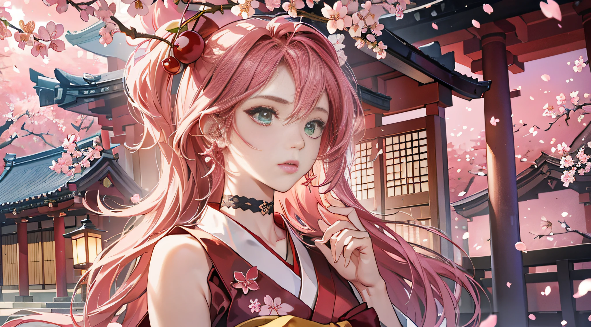 (Masterpiece, Superb Quality, 1Girl, Solo, Complex Details, Color Aberration), Realism, ((Medium Breath)), Bare Shoulders, Poor Breasts, Sexy, Long Pink Hair, Red Headgear, Red Highlight, Hair Above One Eye, Green Eyes, Earrings, Sharp Eyes, Perfect Symmetrical Figure, Choker, Transparent Shirt, Against a Wall, Vista, Brick Wall, Graffiti, Dim Lighting, Alley, Looking at the Audience, ((Mean, Seductive, Glamorous)), (((Cherry Blossom Background))), ((( Japanese temple background))), (((luminous background))) --auto --s2