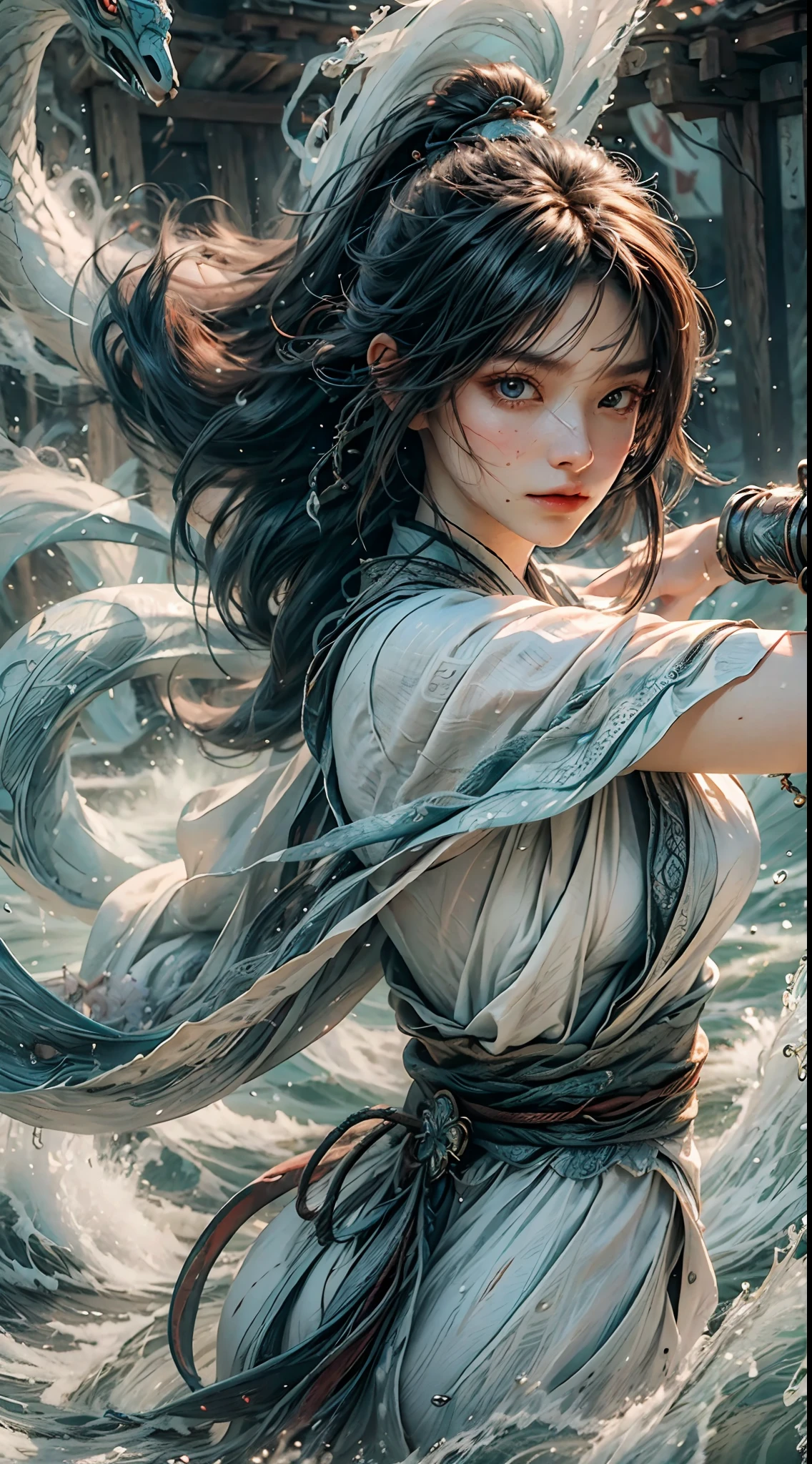 (RAW Photo, Best Quality), (Realistic: 1.3), Best Quality, Highly Detailed, Masterpiece, Hyperdetail, Illustration, 1 Girl, upper_body, Dynamic Angle, World Mastery Theater, messy_long_hair, Best Quality, Extremely Detailed CG Unified 8k Wallpaper, Ink, Breathtaking, Cinematic Light, lens_flare, Fantastic Big Eyes, (Yushui: 1.2), Water, Waves, White Clothes, White Veil, (White Serpent's Tail), Sony main shot