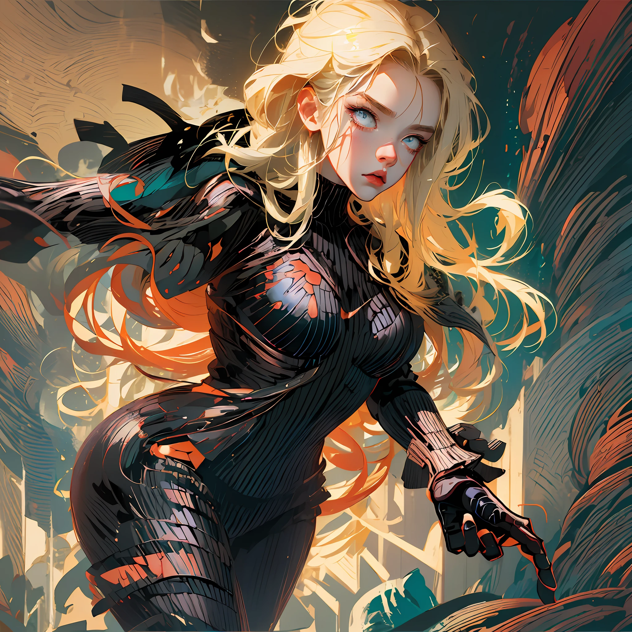 A girl, 5 years old, American, confident expression Black Widow suit, tight, holding a weapon, sci-fi, long blonde hair, fighting pose, cute, action scene, extreme detail, perfect fingers abstract colors, texture, film grain, wrinkles: 0.2 intricate --auto --s2