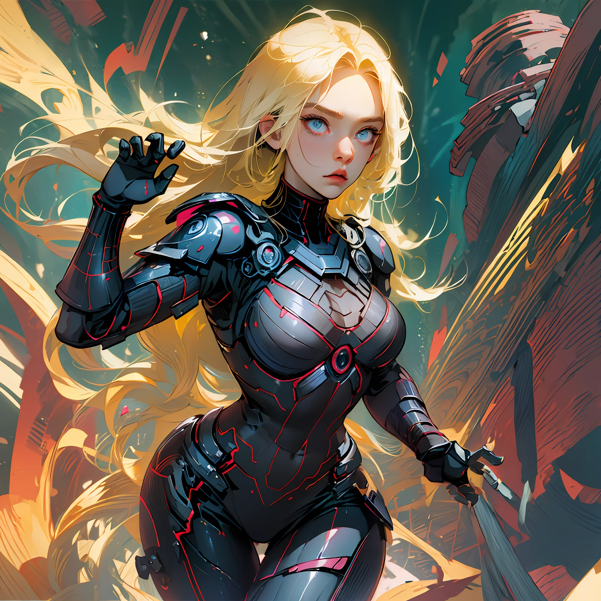 A girl, 5 years old, American, confident expression Black Widow suit, tight, holding a weapon, sci-fi, long blonde hair, fighting pose, cute, action scene, extreme detail, perfect fingers abstract colors, texture, film grain, wrinkles: 0.2 intricate --auto --s2