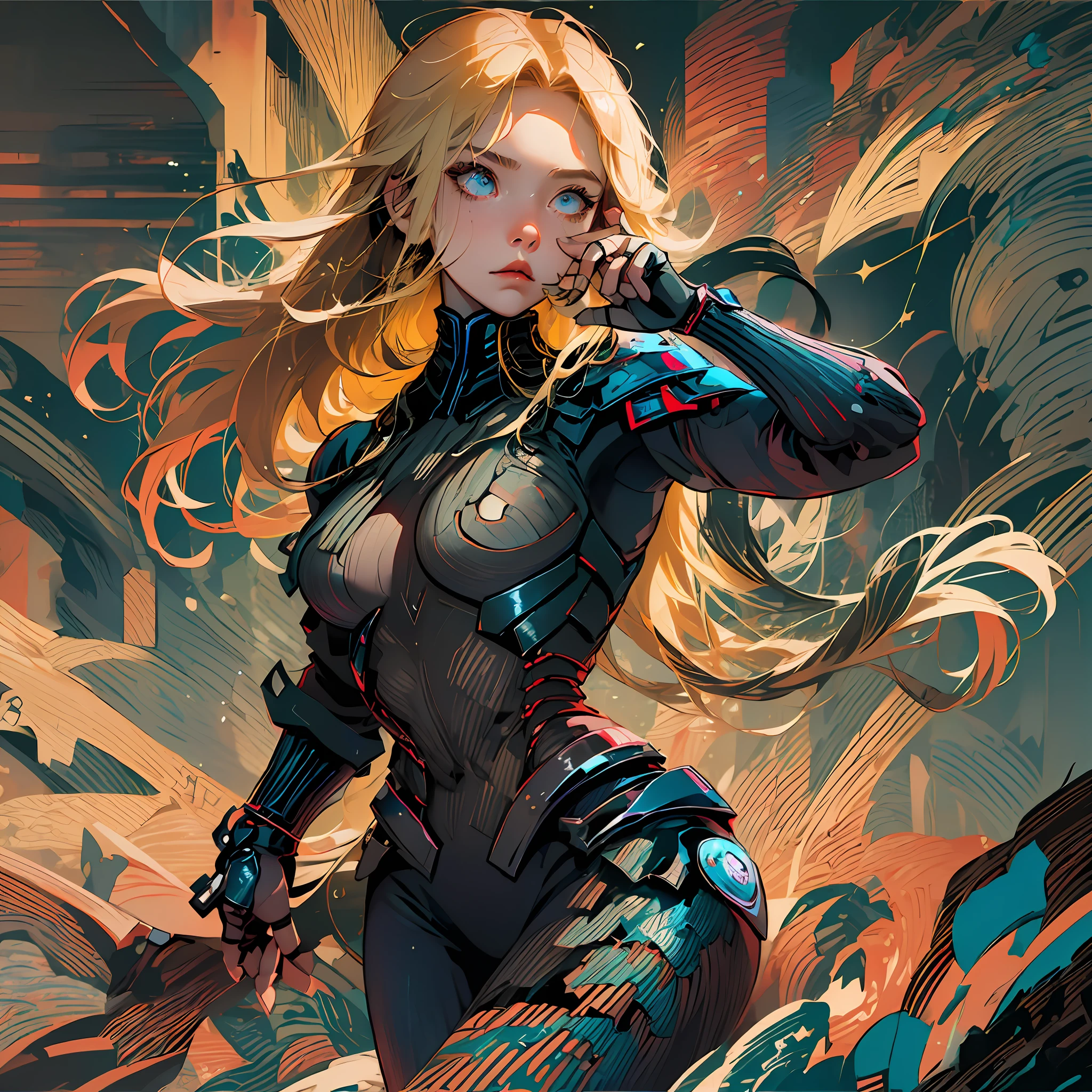A girl, 5 years old, American, confident expression Black Widow suit, tight, holding a weapon, sci-fi, long blonde hair, fighting pose, cute, action scene, extreme detail, perfect fingers abstract colors, texture, film grain, wrinkles: 0.2 intricate --auto --s2