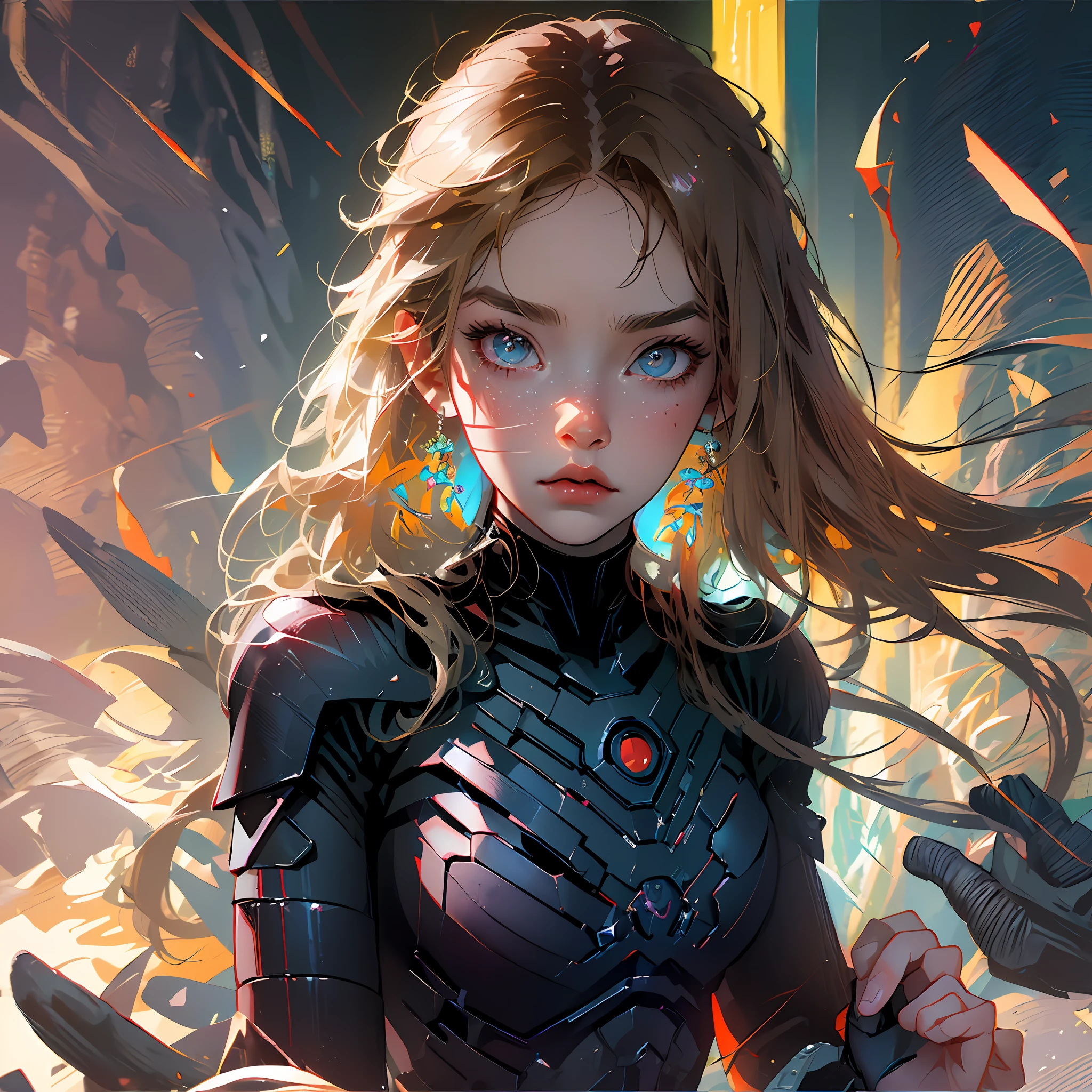A girl, 5 years old, American, confident expression Black Widow suit, tight, holding a weapon, sci-fi, long blonde hair, fighting pose, cute, action scene, extreme detail, perfect fingers abstract colors, texture, film grain, wrinkles: 0.2 intricate --auto --s2