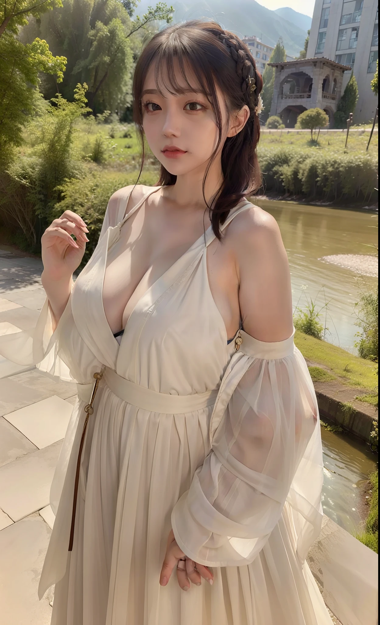 ((best quality)),((masterpiece)),((ultra high res)), (intricate details), (soft lighting), cinematic, dramatic, composition, sunny sky, brutalist, hyper realistic, epic scale, sense of awe, insane level of details, upper body, masterpiece, best quality,(photorealistic:1.4), highres, bob hair, jewelry hairpin, Natural(small breasts:0.8), riverside and rock or temple or bridge, (loose:1.5)clothing, (loose:1.5)hanfu, (see-through), ((Bare shoulders)), (cleavage, sexy), (nsfw:1.25)