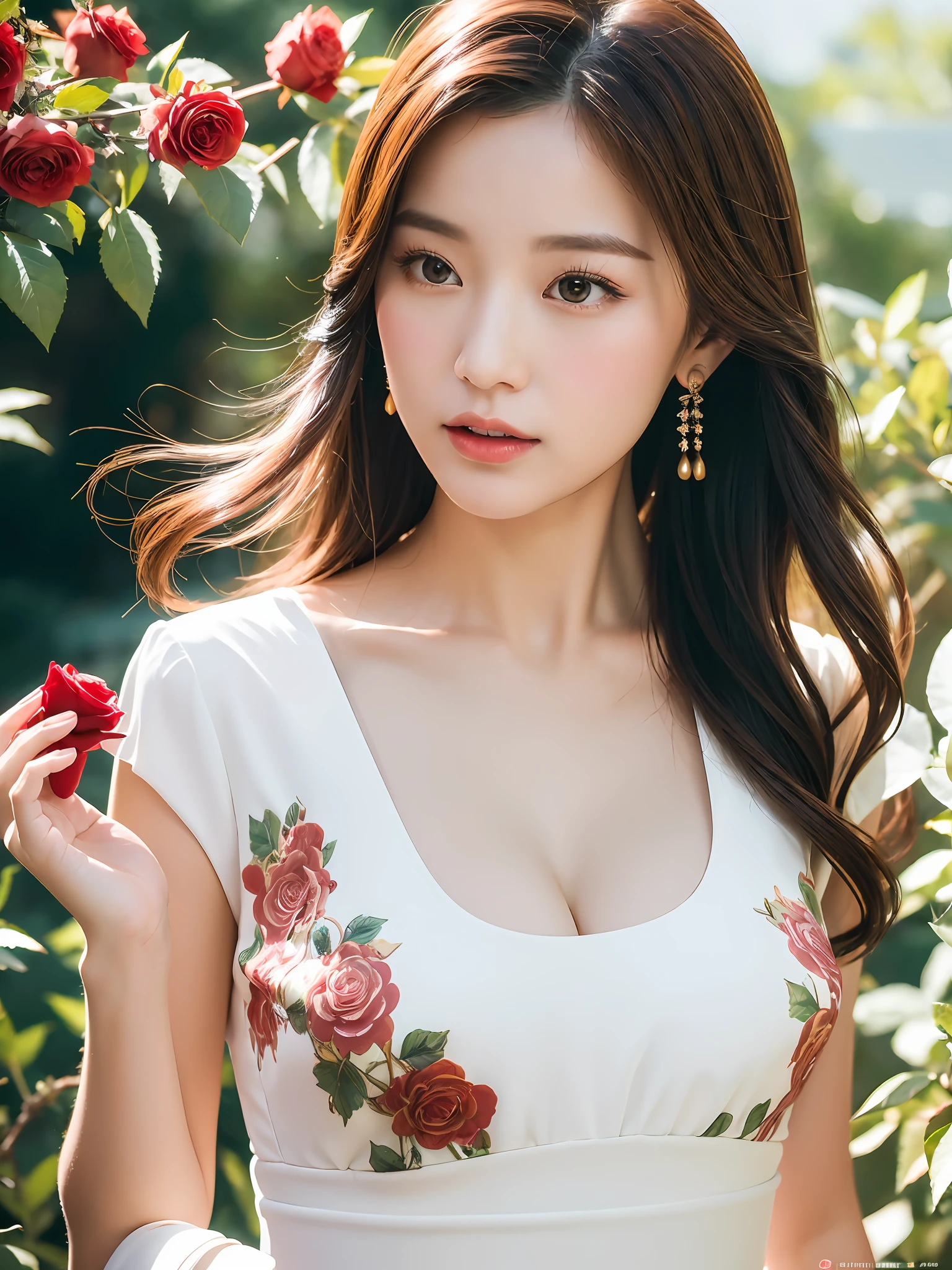 (Ultra high resolution of 8k), (gorgeous Chinese style dress), (Elegant strolling Korean girl holding roses), delicate cute face, eye-catching, romantic flowers, combination of romance and beauty, static angle, soft light, soft tone, big breasts, pursed mouth