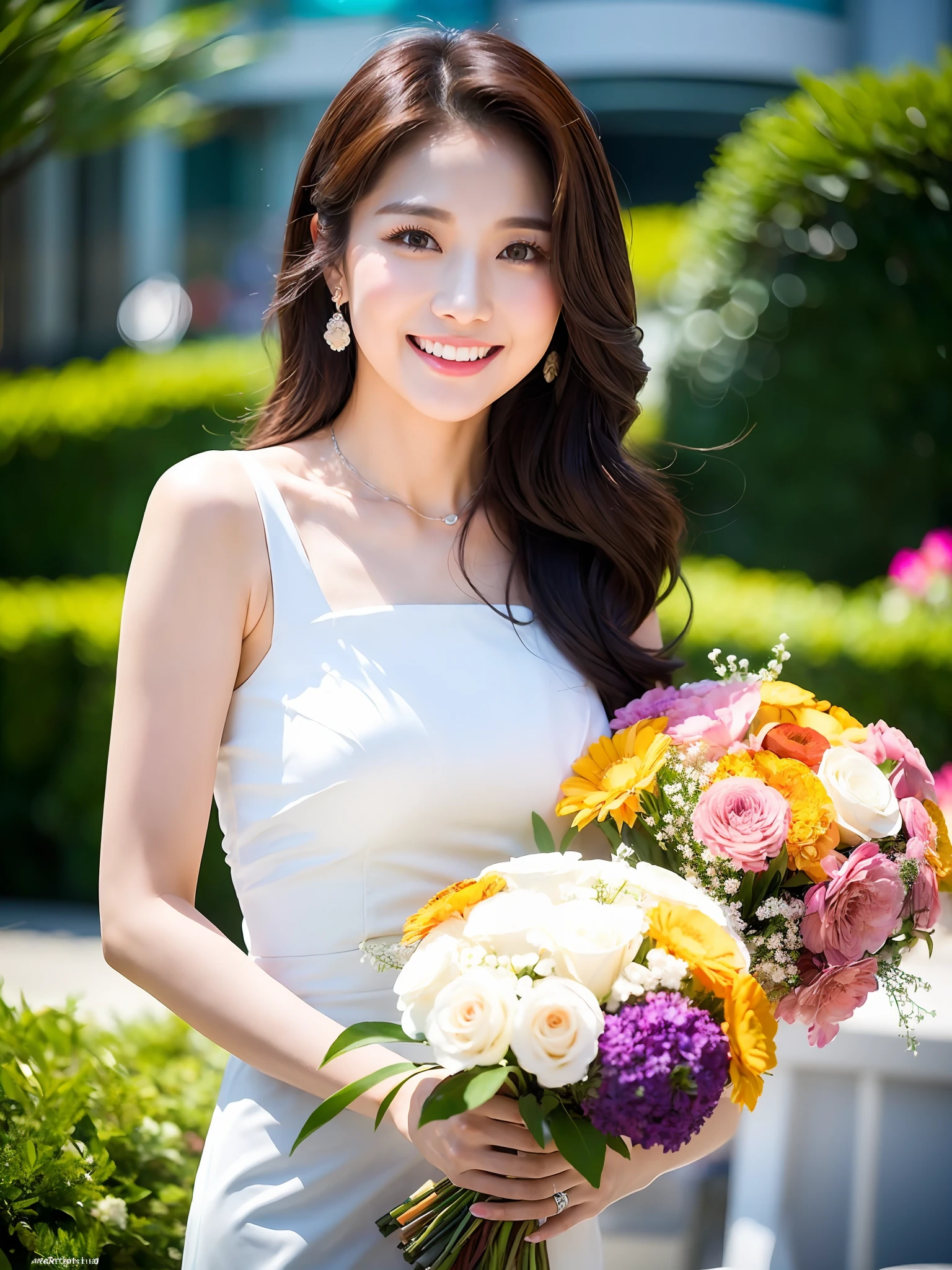 (Best Light: 1.2, Cute Korean Girl: 1.2, [White Dress: 1.3], Bouquet, Elegant and Colorful: 1.1, Bright and Attractive: 1.1, [Ultra-detailed: 1.2+Dynamic Pose+Delicate: 1.2],), Big breasts, smiling, holding a multicolored bouquet,