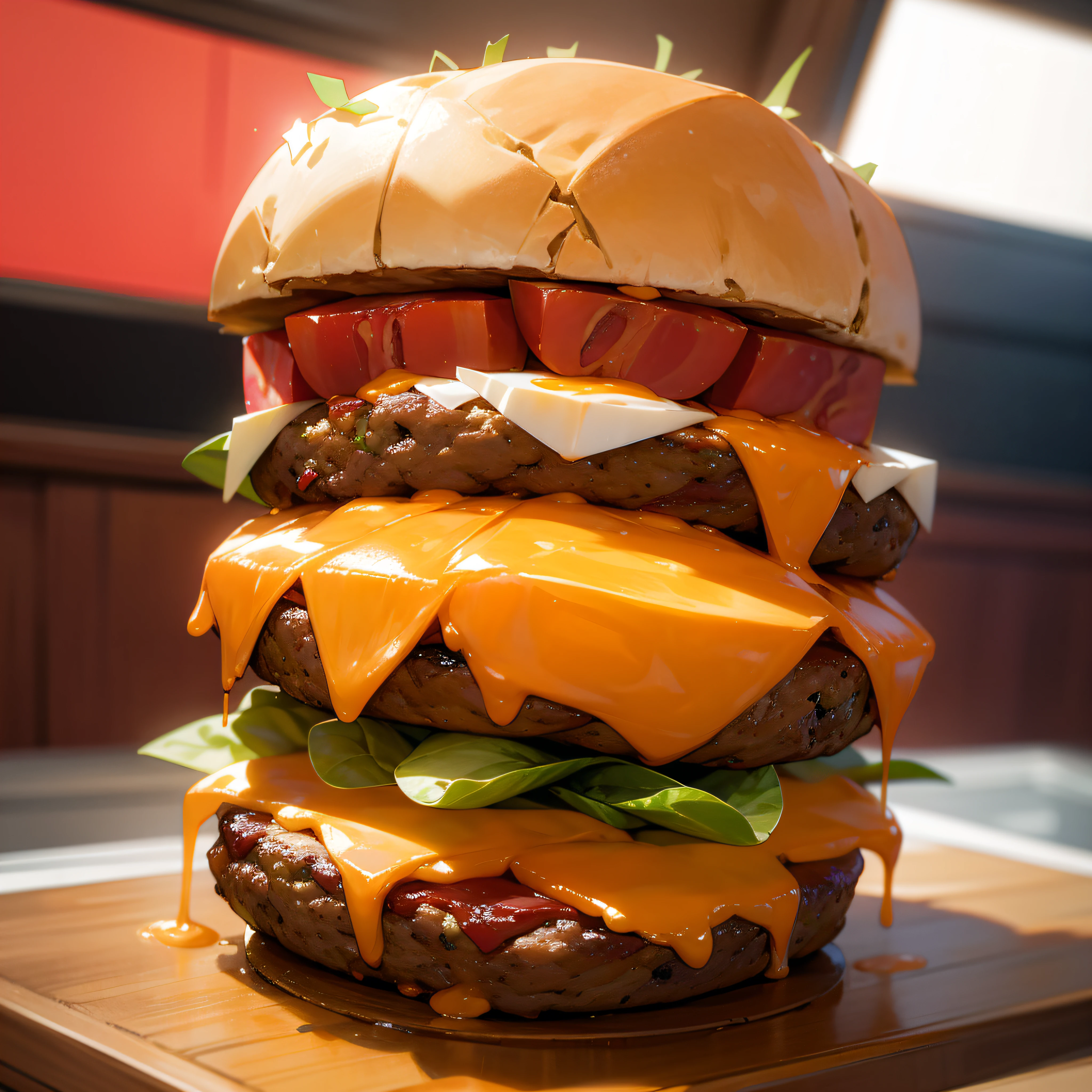 Figure (QuadBurger style: 1) A large burger topped with bacon, cheese, lettuce, tomato and cheddar cheese
