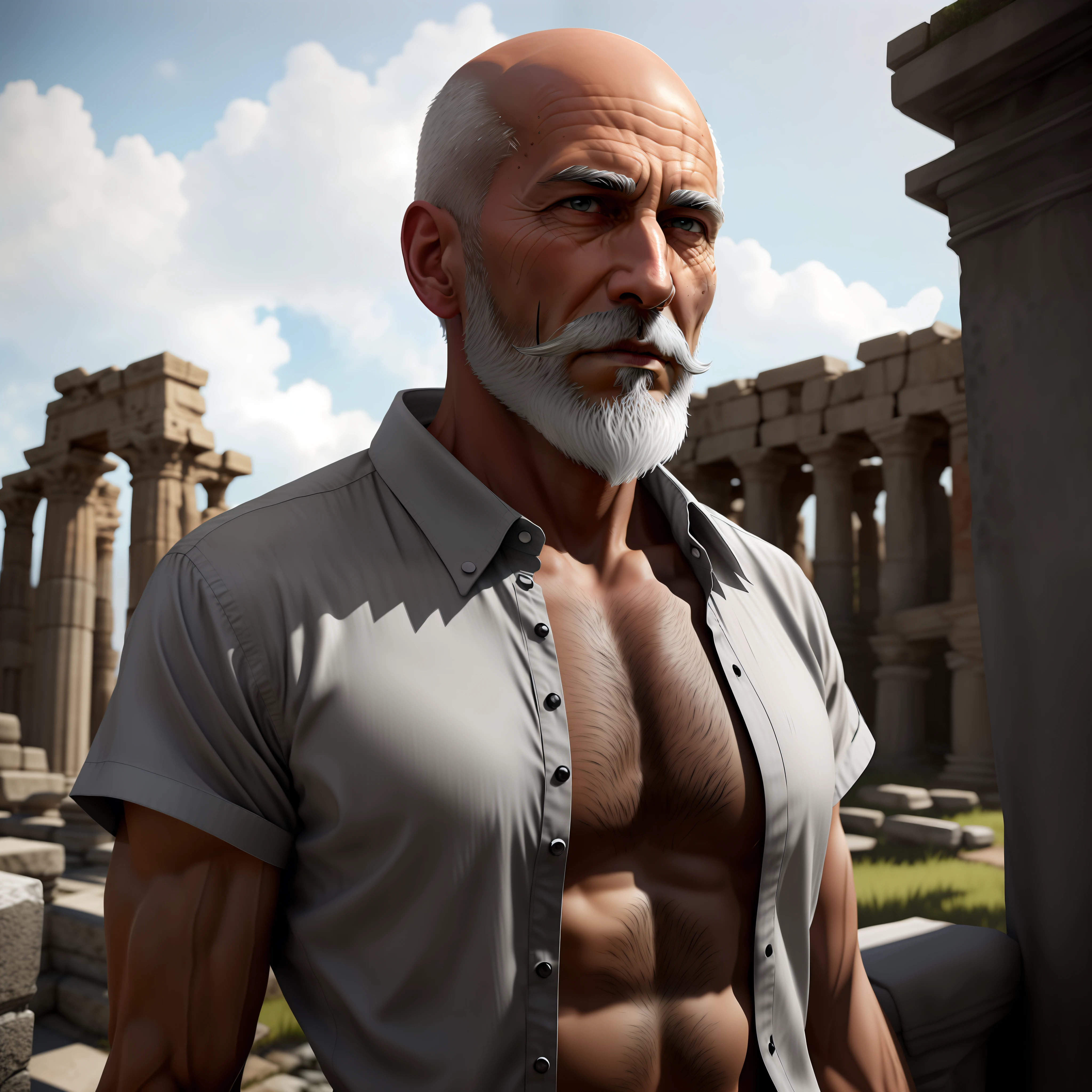 fantasy, high detail, RAW color photo, masterpiece, best quality, super detail, illustration, RPG, old man warrior, (fantasy), thin body, textured body, (detailed skin), (high detail, hyper detail, intricacy), ( gray beard: 1.4), full length, bald, (white shirt: 1.1), red eyes, ancient ruins in the background, Intricate, High detail, Sharp focus, Dramatic, Photorealism