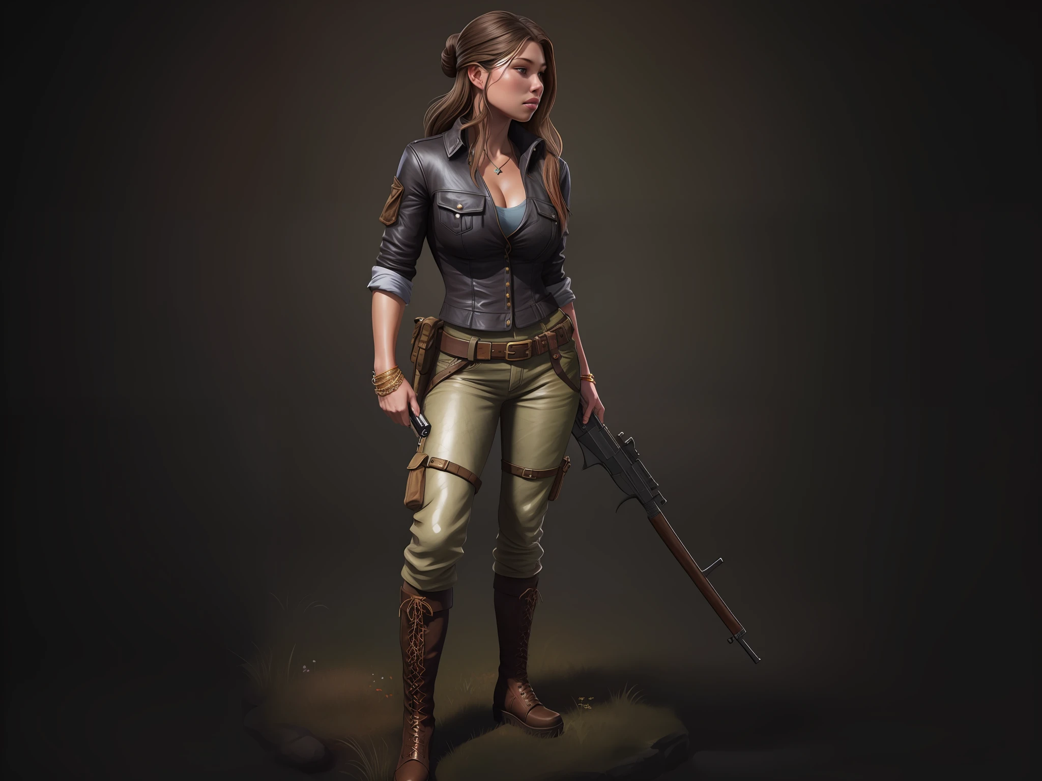 A girl in leather pants holding a gun in left hand, Materpiece, best quality, ultra detailed, A stunningly realistic 18-year-old portrayed in a masterpiece of ultra-detailed artwork, artstation masterpiece, realistic skin female goddess of love, high res render, with the best quality and SFW imagery.
full - body portrait of a ranger, postapocalyptic explorer, realistic character concept, perfect soft curves, perfect boobs, with cleavage, character render, character posing for concept art, highly detailed character, 3 d character render, digitally painted, in game capture 3d render, 20's adventurer, full body character, oil painting style, perfect body, Ultra detailed complex 3d rendering of a beautiful porcelain profile face of Jessica Biel. --auto --s2