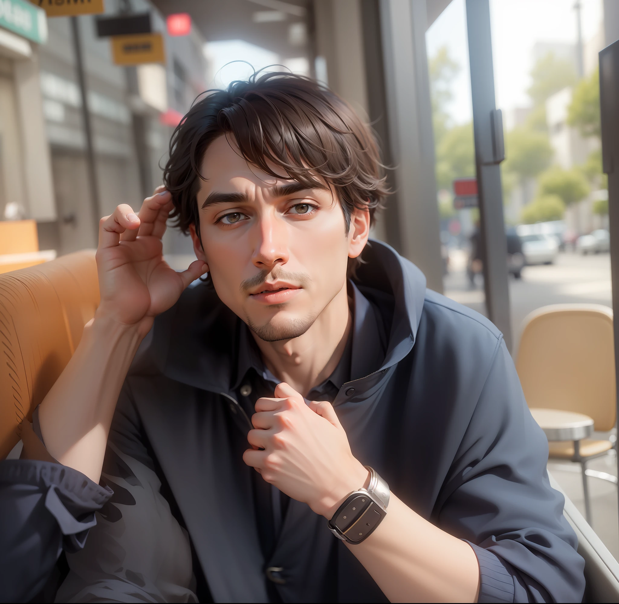 Use the man in the image as a model, and create images of different outfits and scenes. Try to create images that look as live-action as possible.