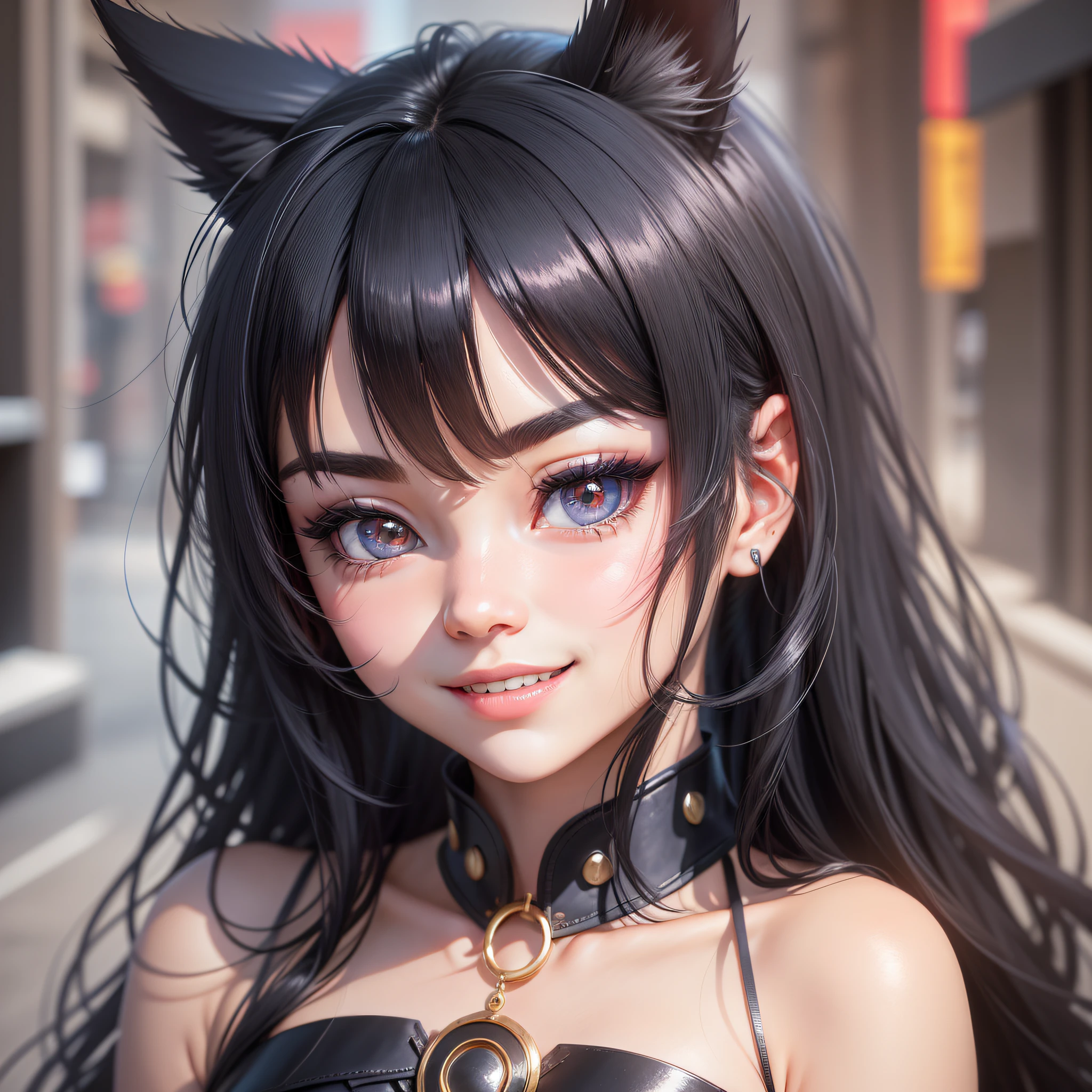 black hair, hair bobbles, wince, longeyelashes, solid circle eyes, fake animal ears, light smile, ear blush, fang, Surrealism, drop shadow, anaglyph, stereogram, tachi-e, pov, atmospheric perspective, 8k, super detail, ccurate, best quality