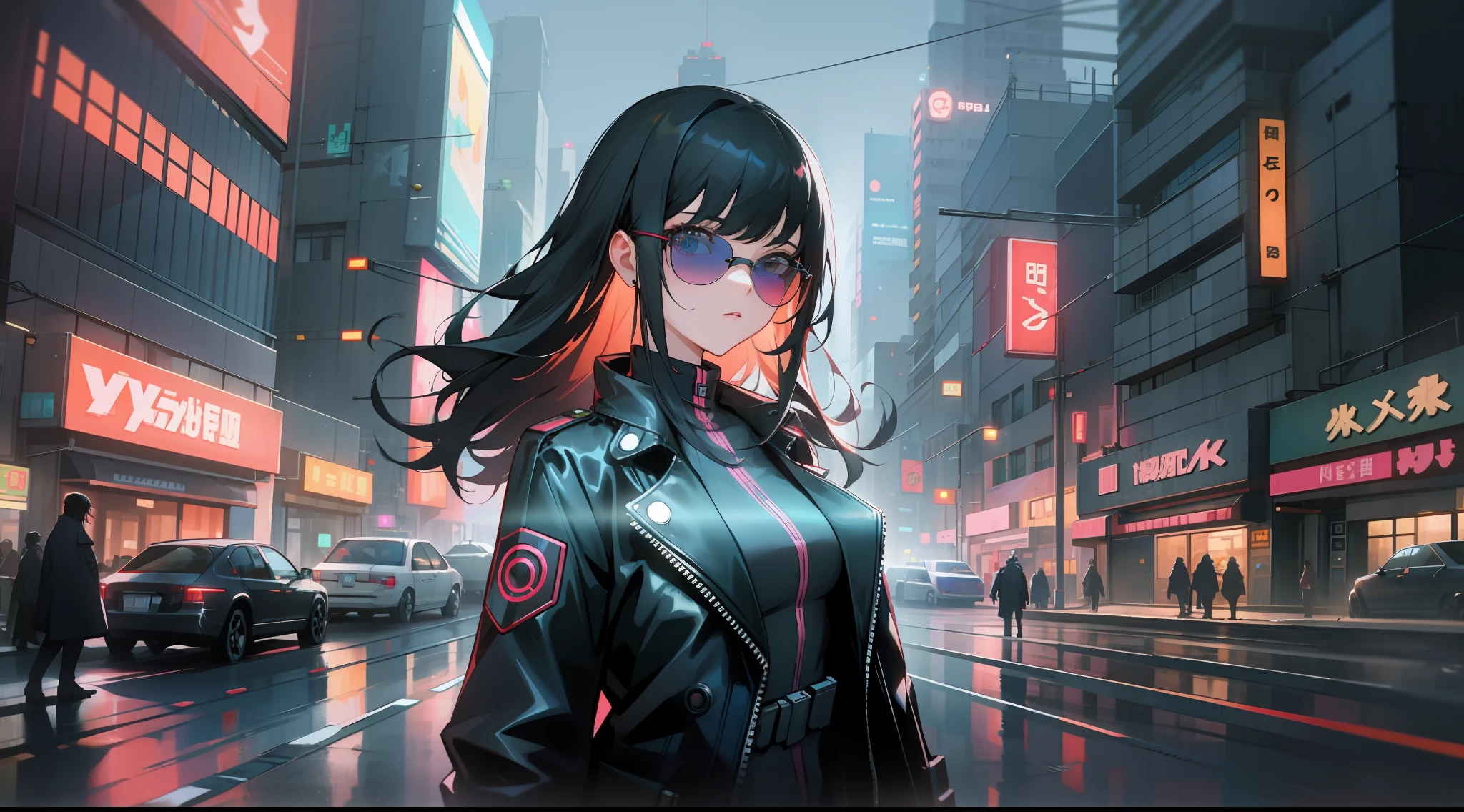 cowboy shot, upper body, far shot, panorama, wide angle lens, depth of field, perspective, movie angle, arms behind back, masterpiece, best quality, super detailed, CG, 8K wallpaper, pretty face, delicate eyes, a girl, solo, black hair, black trench coat, sunglasses, standing on cyberpunk city street, cyberpunk style, neon sign, neon color, night, city street, futuristic, tech