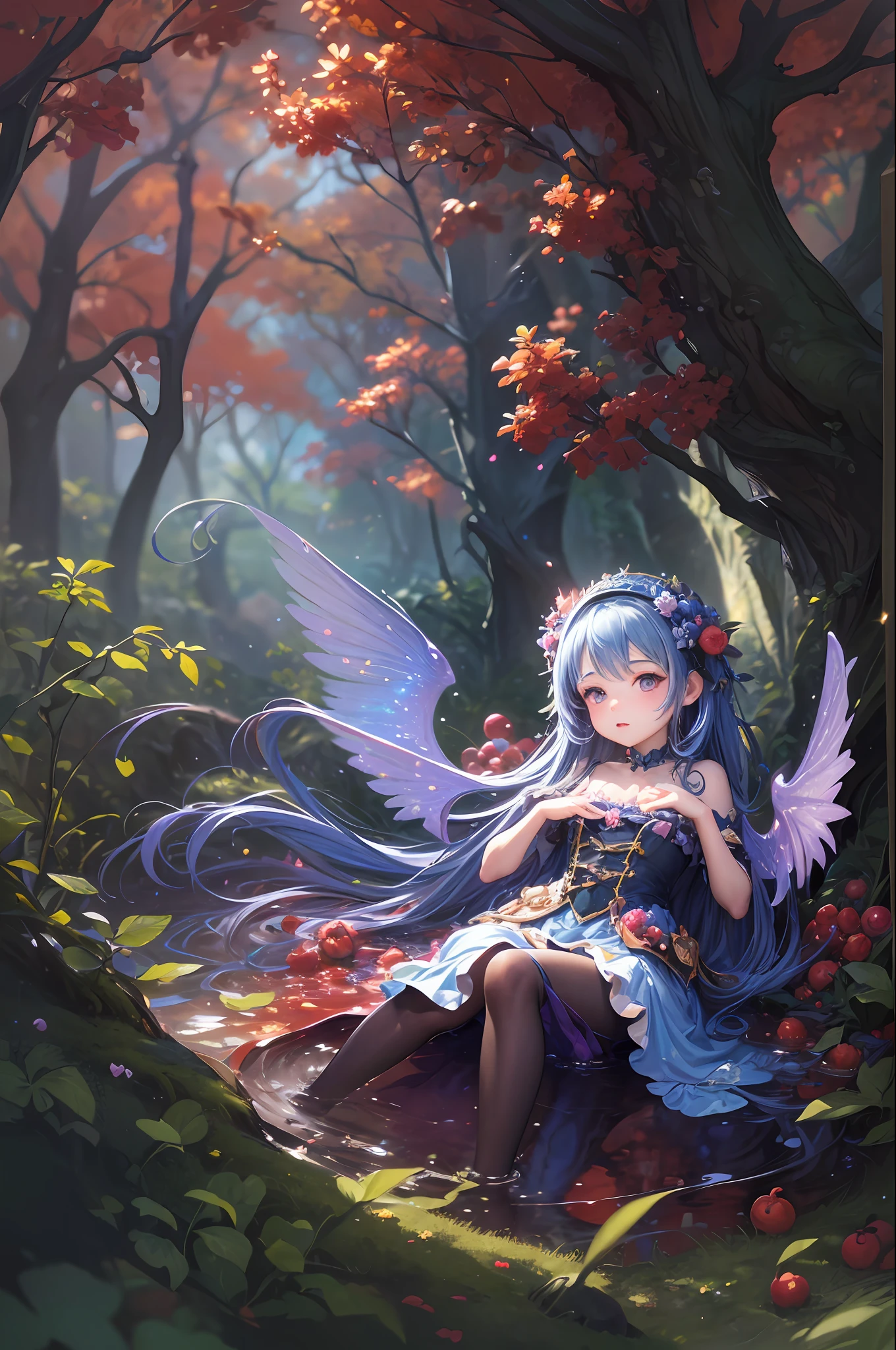 ( Absurd, High quality, ultra-detailed, masterpiece, concept art, smooth, highly detailed artwork, hyper-realistic painting ) girl, Dreamy, Romantic, Vivid, girl, blueberry fruits, blueberry muffin character, cute, whole body, anime, fantasy, fairytale wings, in forest