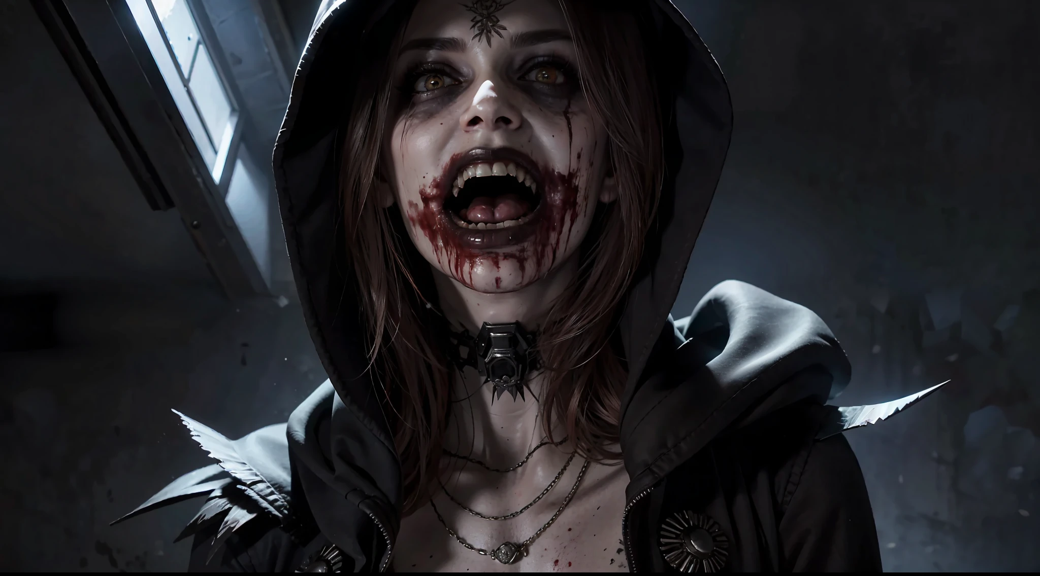 (RAW photo, best quality), (realistic, photo-realistic: 1.3), extremely terrific, masterpiece, ultra-detailed, highres, best illustration, best shadow, intricate, depth of field, horror, scary, scary, scary, horrifying, solo, 1girl, dirty hair, (scary eyes), evil insane eyes, insane monster smile with sharp teeths, looking at the viewer, black torn clothes, hood, blood, bloody, insane expression, sharp focus, volumetric mist, 8k UHD, DSLR, high quality, (film grain: 1.4), Fujifilm XT3, darkness, night