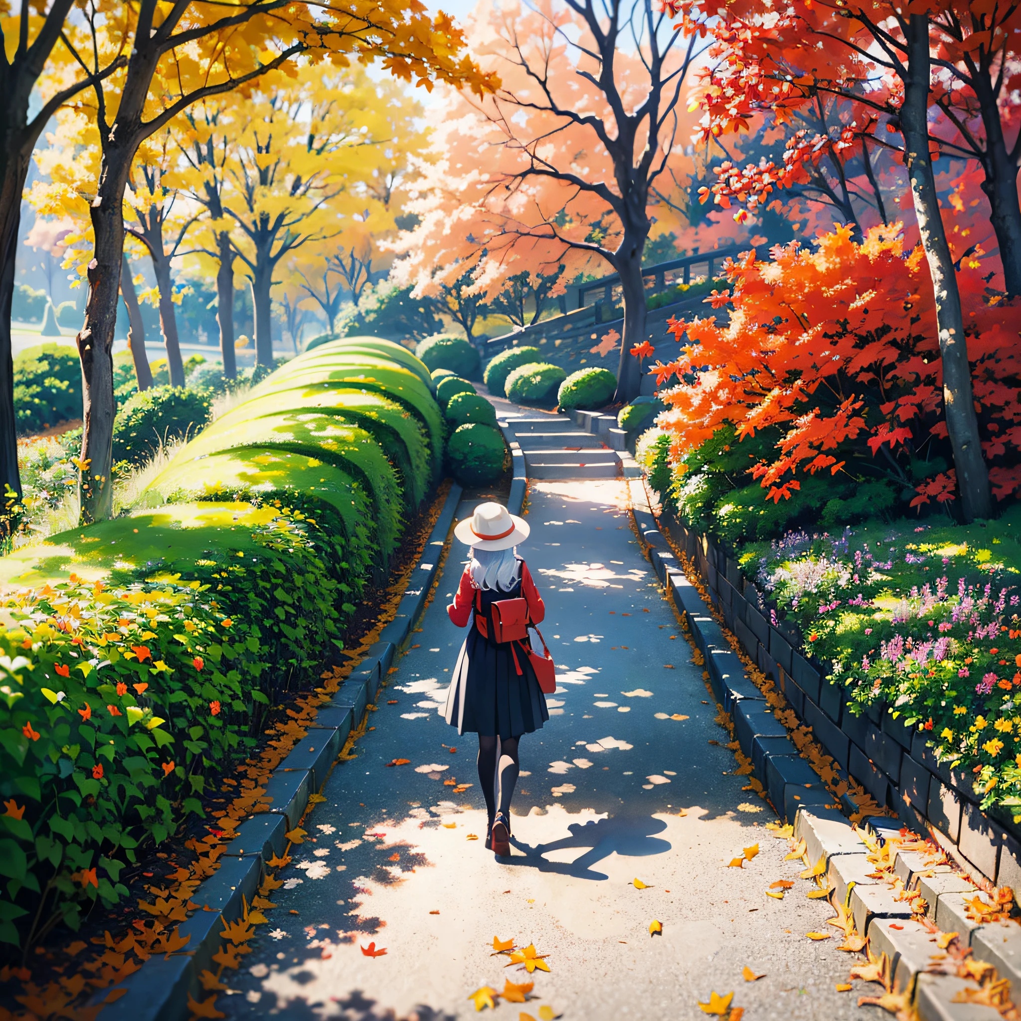 red-yellow Maple trees garden,the wind blows with Maple tree petals, girl wearing white-kimino walking on the walk way, beautiful landscape, nature, perfect composition, gloss, hyperrealism, beautiful photography,realistic, detailed, pastel,ultra HD,4K,Yellow soft color tone ,fantasy dream,fantastic,season change --auto --s2