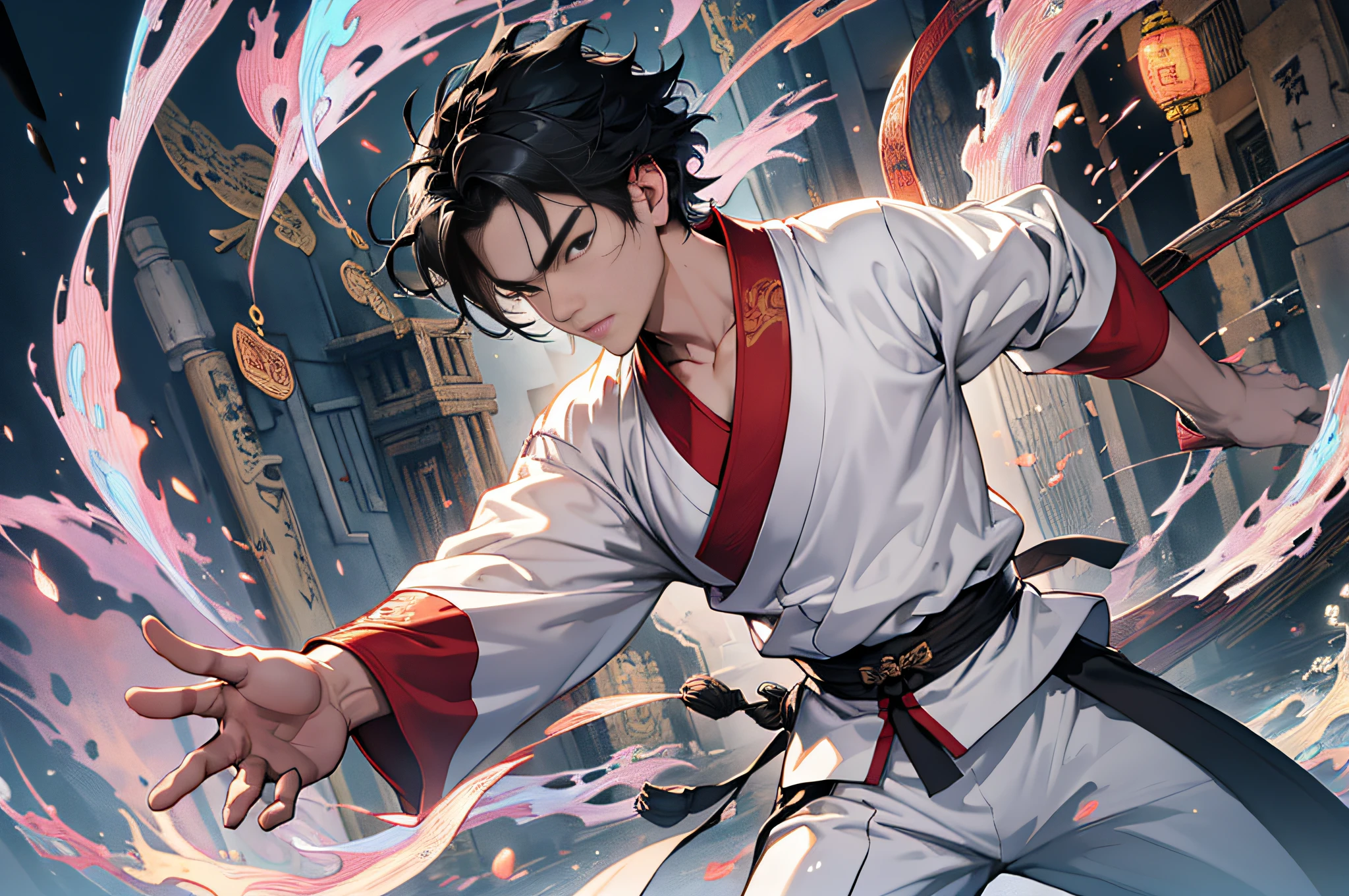 Best Quality, Masterpiece, High Resolution, 1boy, Ancient Chinese, 18 years old, short black hair, white pajamas, Kung Fu, Yard, 4k, 8k. Chinese ancient style. (High Detail Skin: 1.2), 8K UHD, DSLR, Soft Light, High Quality, Volumetric Light, Voyeur, Photo, High Resolution, 4K, 8K.