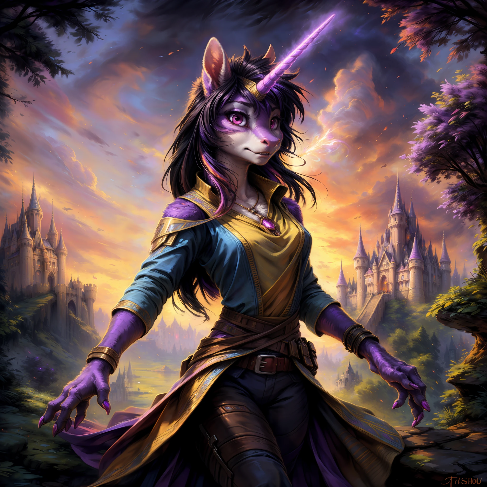 (by hioshiru and kenket and dimwitdog, Michael &amp; Inessa Garmash, Ruan Jia, Pino Daeni, Chunie), pony unicorn Twilight Sparkle as a jedi, Zootopia style, my little pony, friendship is magic, young adult female, purple fur, purple body, big hooves, long black tail, black mane, pink sparkling eyes, attractive face, serious expression, charismatic look, (muscular:0.4), solo, alone, summer castle on the background