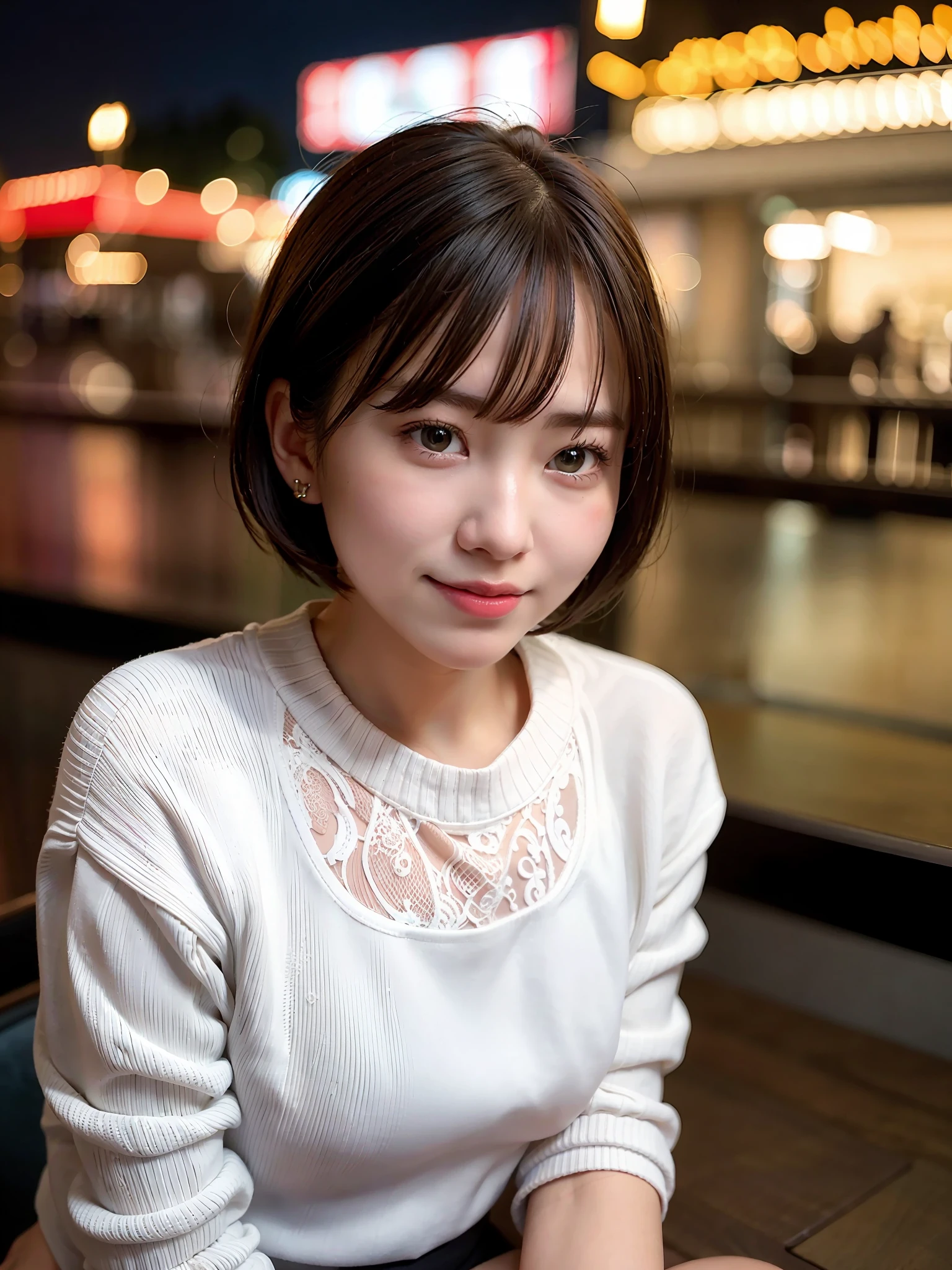 (8k, best quality, masterpiece:1.2), (realistic, photo-realistic:1.37) highres, super detail, ultra-detailed, 1 girl asian, cute, cute face, solo, short hair 1.2, textured skin, beautiful smile, beautiful detailed sky, detailed cafe, night, cinematic lighting, depth of field, lens flare
light, sitting, dating, (nose blush), (smile:1.15), (closed mouth) small breasts, beautiful detailed eyes, (sweater:1.1), night, wet, business attire, rain, white lace, (short hair:1.2), floating hair NovaFrogStyle,