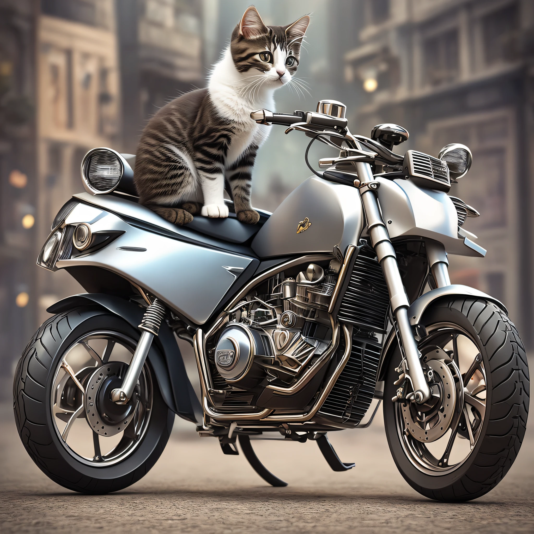 There is a kitten sitting on toy motorcycle, cute digital painting, cute 3d rendering, amazing digital art, surreal illustrations, digital art. Photo realistic, ultra-realistic 3D rendering, ultra-realistic concept art