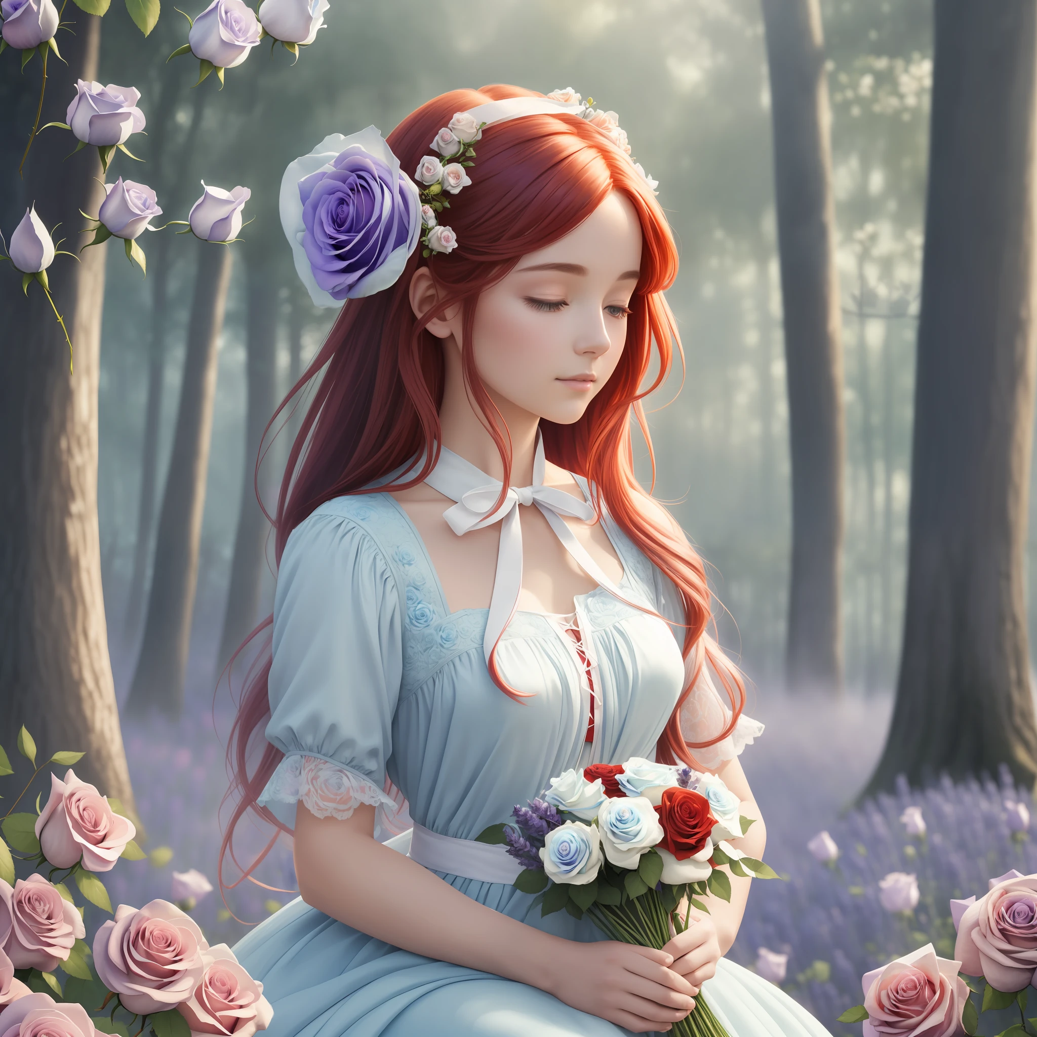 An impressionistic digital art piece with an otherworldly, ethereal feel. Best quality, ultra-detailed, masterful brushwork and textures, with (light blue and lavender:1.3) wispy clouds and a muted, dreamlike palette. The focus is on a beautiful, (1girl) with (red hair:1.2) holding a bouquet of blooming (red and white rose:1.4) flowers in a flowing (white dress) and (neck ribbon). The scene is set in a (twilight:1.2) park with (many misty trees). Volumetric light and a soft, gentle breeze create a sense of tranquility. Soothing piano music complements the overall serene ambiance.