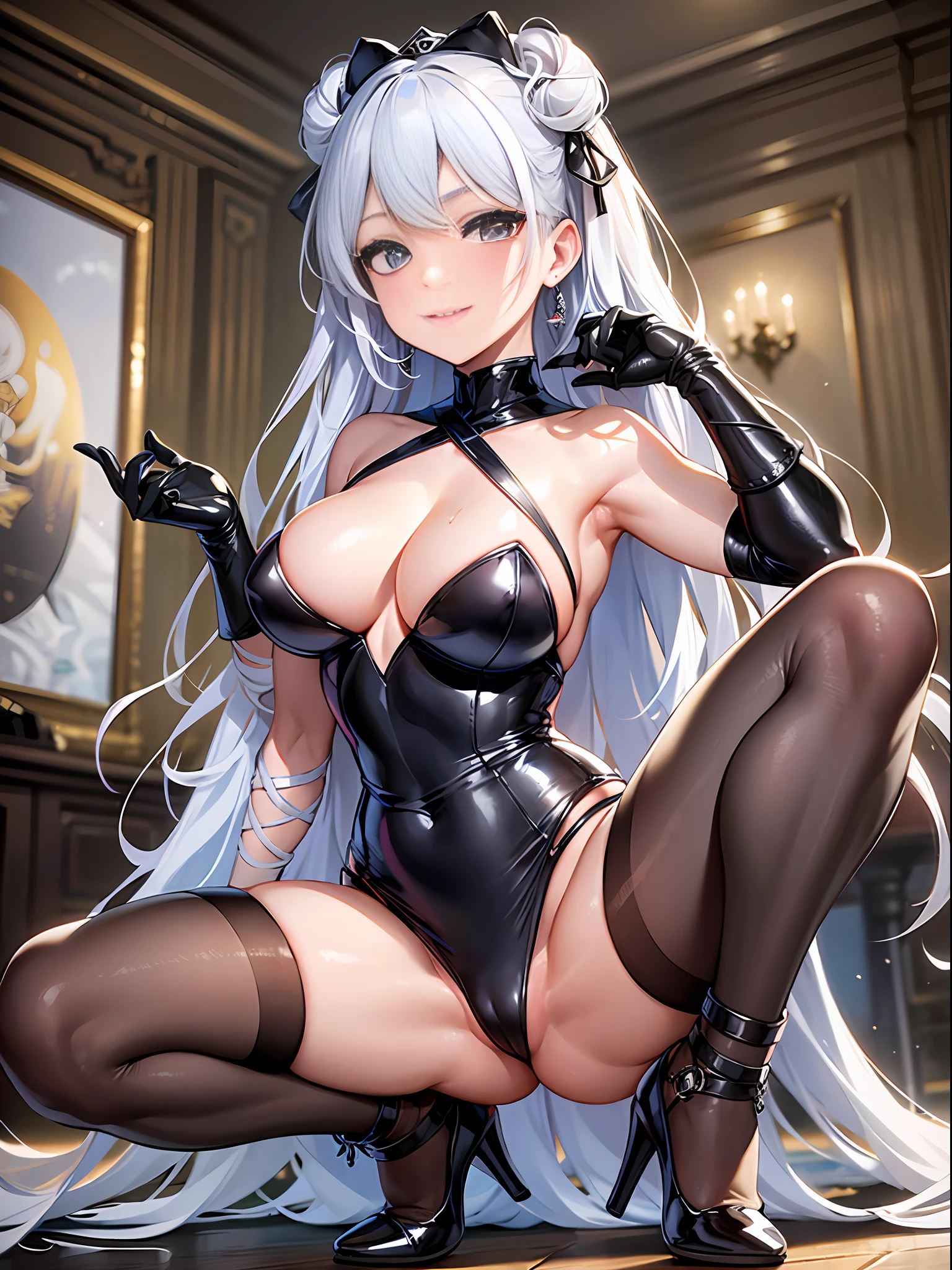 "A girl with meticulous smoky makeup in a two-dimensional painting style, wearing coiled hair, hair accessories, and earrings. Her eyeshadow is shiny, her eyes are glowing, and she has a sweet smile on the corners of her mouth. Wearing a wedding dress, gloves and white pantyhose, high heels on her feet. She crouches in an unknown scene, spreads her legs, and waits for the next stage to be perfectly presented. "