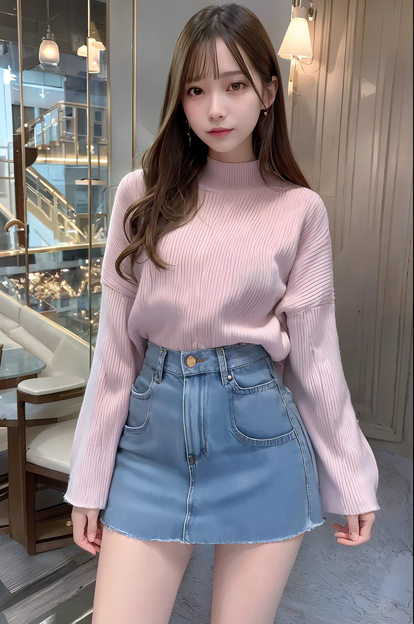 Image quality, high quality, realistic, high-quality outfit, detailed and delicate skin, light makeup, indoors, knitted, long sleeves, pink, denim mini skirt, skinny, semi-long hair, thin legs, whitening skin