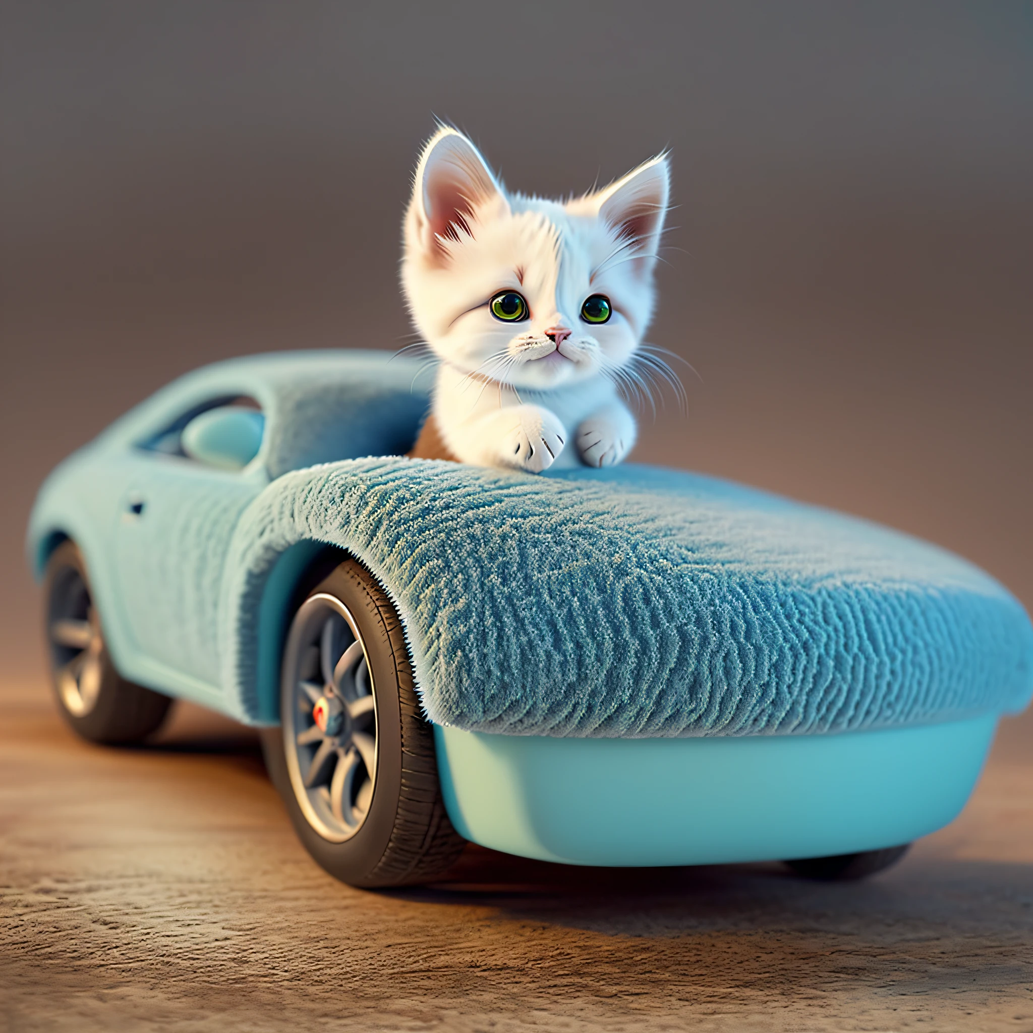 There is a kitten sitting on toy car, cute digital painting, cute 3d rendering, amazing digital art, surreal illustrations, digital art. Photo realistic, ultra-realistic 3D rendering, ultra-realistic concept art