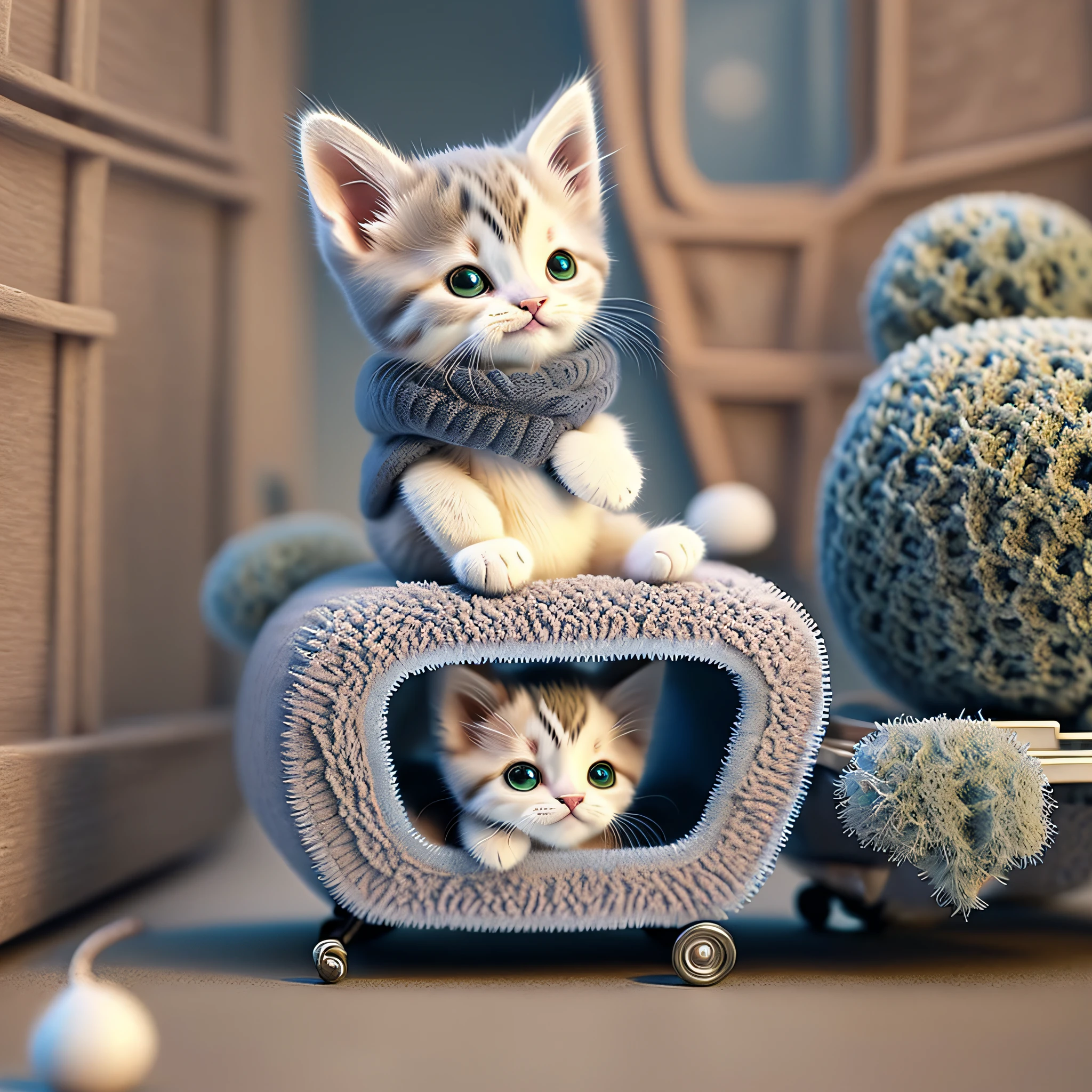 There is a kitten sitting on toy car, cute digital painting, cute 3d rendering, cute digital art, cute detailed digital art, super realistic 3d illustration, cute kitten, cute artwork, miniature kitten, amazing digital art, surreal illustration, digital art. Photo realistic, cute cat, super realistic 3d rendering, super realistic concept art