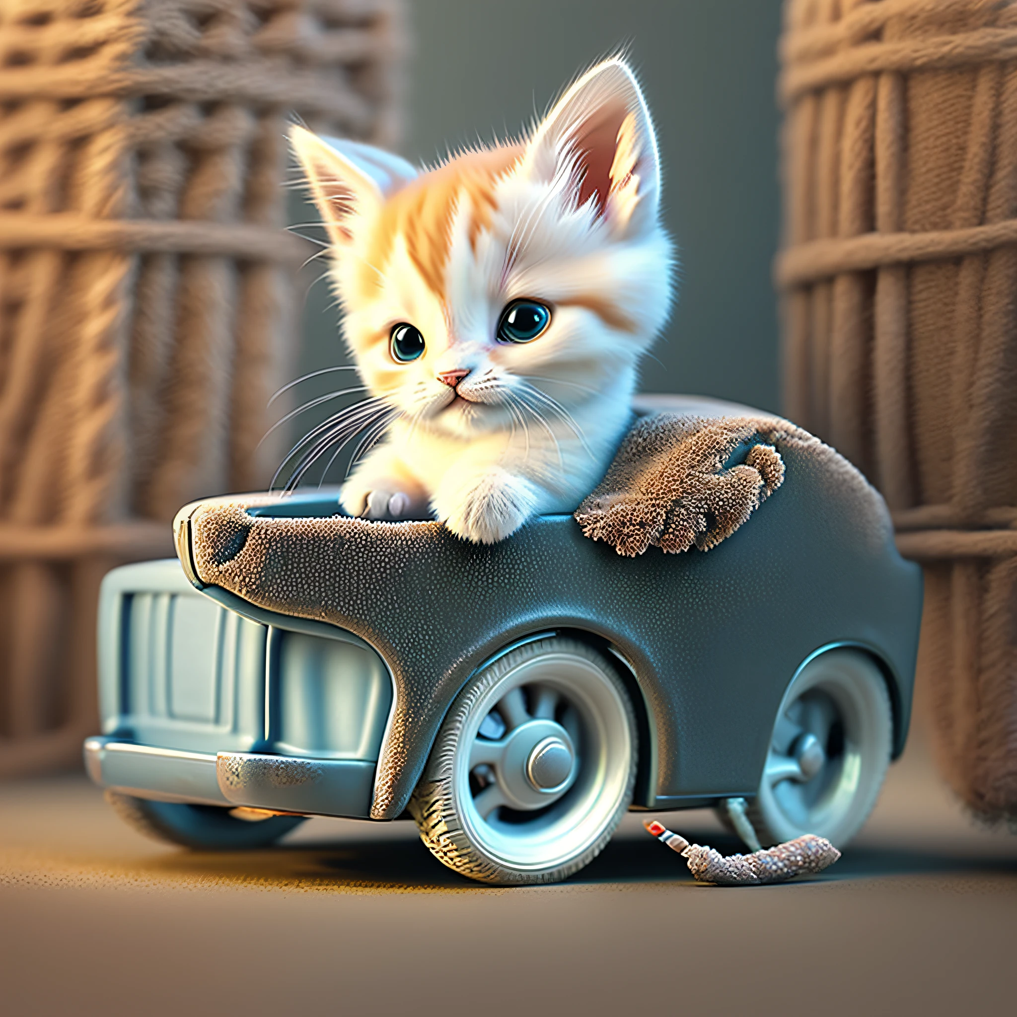 There is a kitten sitting on toy car, cute digital painting, cute 3d rendering, cute digital art, cute detailed digital art, super realistic 3d illustration, cute kitten, cute artwork, miniature kitten, amazing digital art, surreal illustration, digital art. Photo realistic, cute cat, super realistic 3d rendering, super realistic concept art